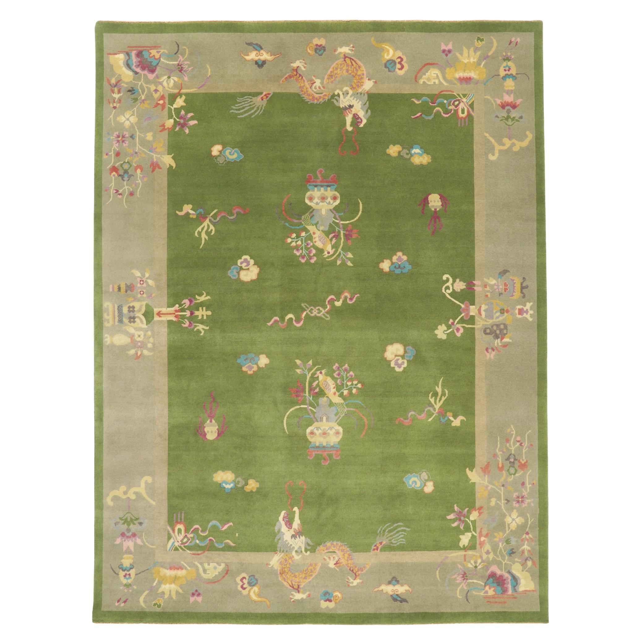 New Green Chinese Art Deco Rug with Maximalist Style For Sale