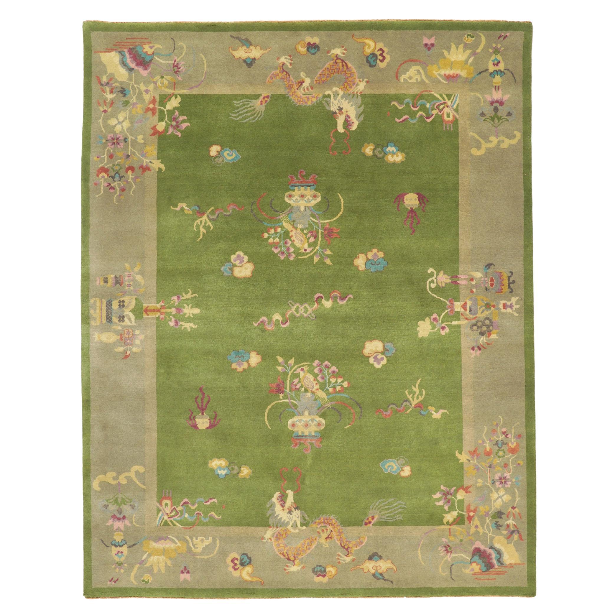 New Green Chinese Art Deco Rug with Maximalist Style For Sale