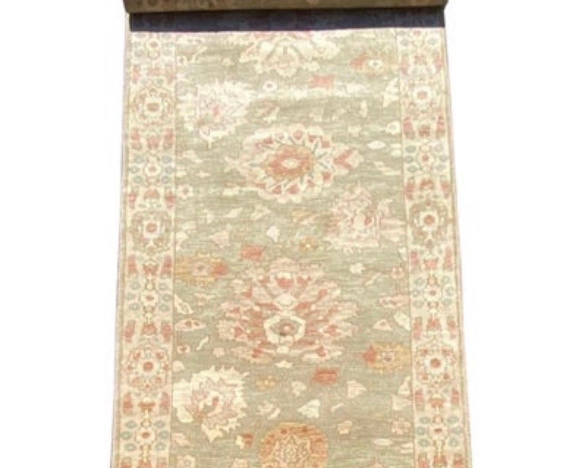 Oushak New Green Ivory Floral Persian Style Narrow Runner Rug 3 x 10.3 ft. For Sale