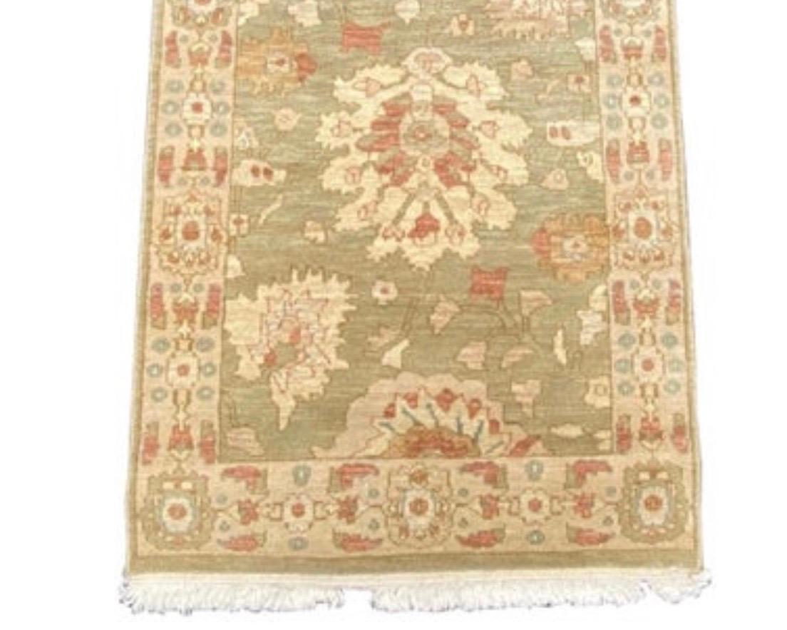 Egyptian New Green Ivory Floral Persian Style Narrow Runner Rug 3 x 10.3 ft. For Sale