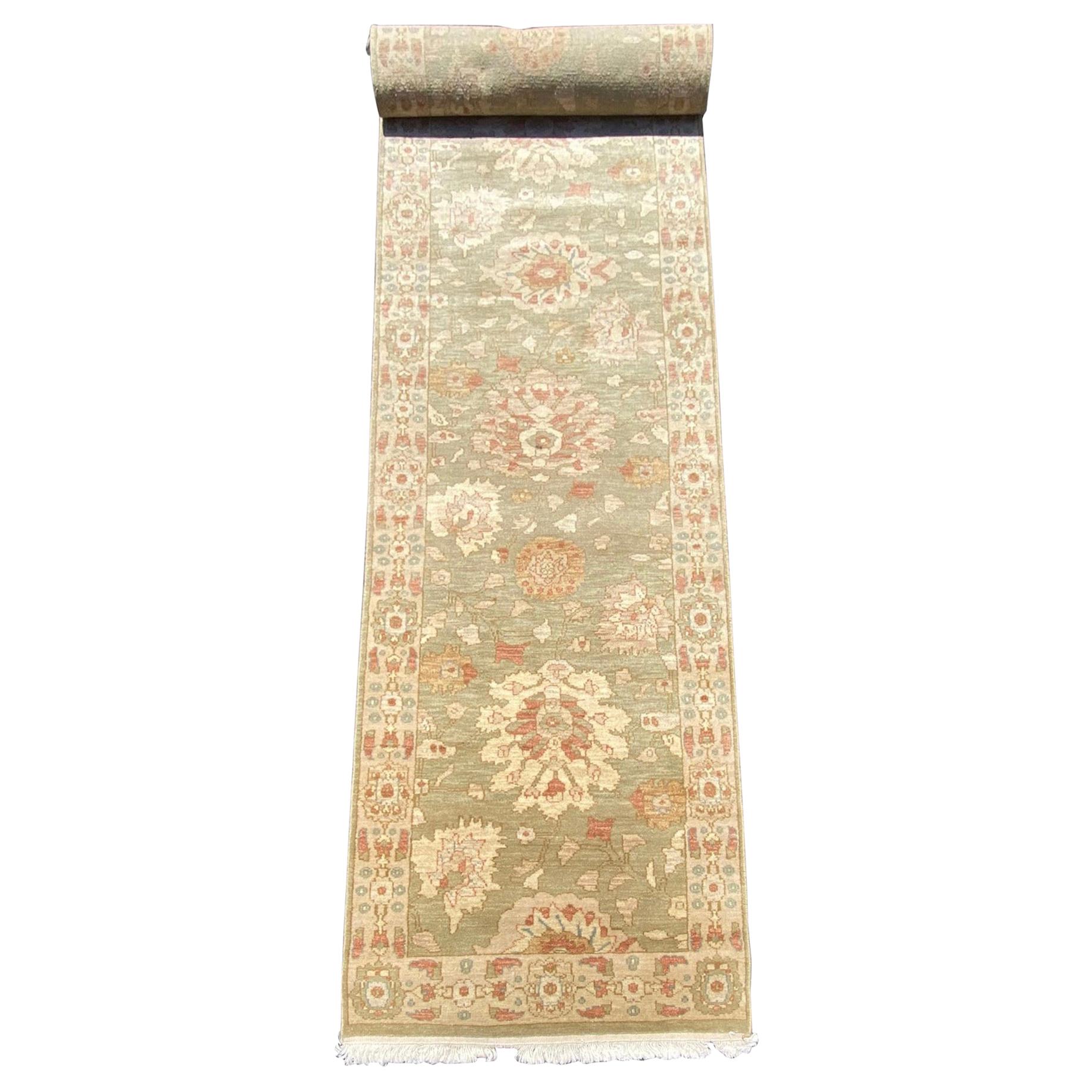 New Green Ivory Floral Persian Style Narrow Runner Rug 3 x 10.3 ft. For Sale