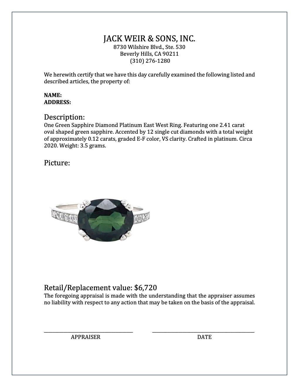 2.41 Carat Green Sapphire Diamond Platinum East West Ring 1
