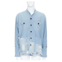 new GREG LAUREN 50/50 Chambray Denim Boxy Studio Shirt blue distressed top S