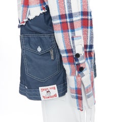 new GREG LAUREN 50/50 White Plaid Navy Birdwell Studio Shirt deconstructed top S
