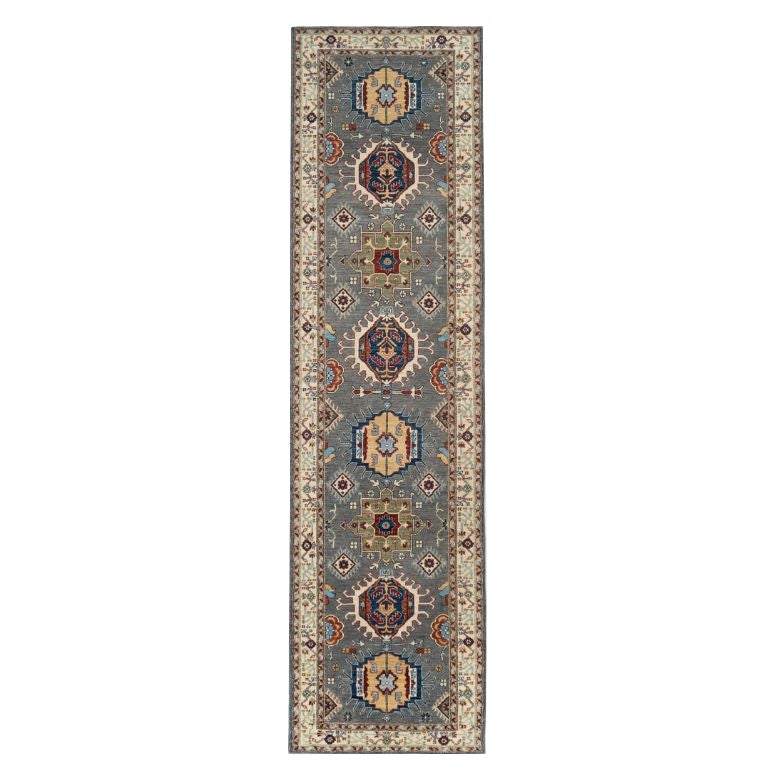 New Grey Afghan Serapi-Style Runner Rug, Hand-Knotted Wool, 3'x12' For Sale