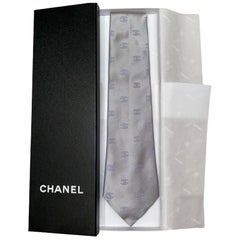 NEW Grey Babyblue  Chanel CC Logo Print Jacquard Silk Tie