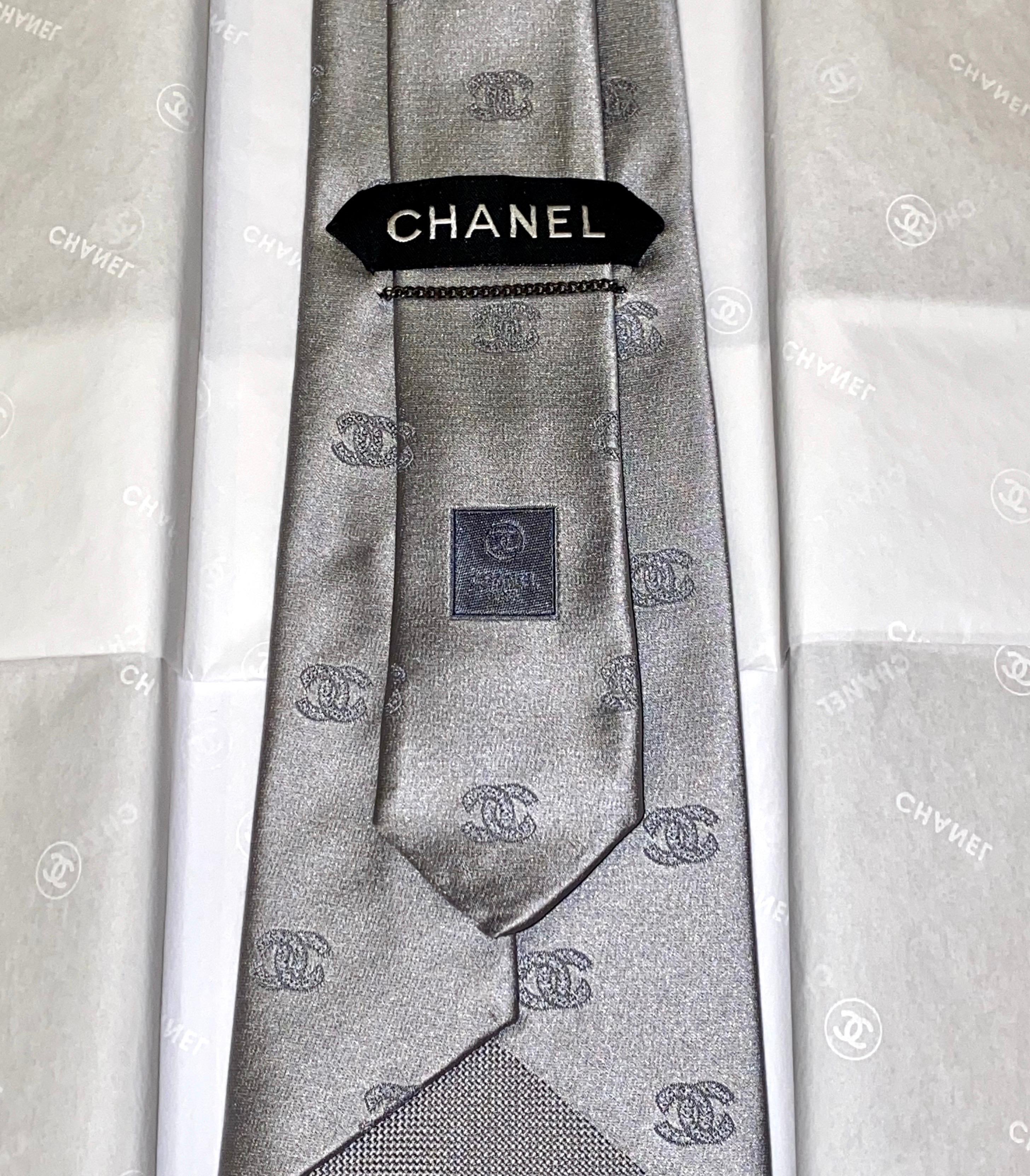 Gray NEW Grey Chanel CC Logo Print Jacquard Silk Tie
