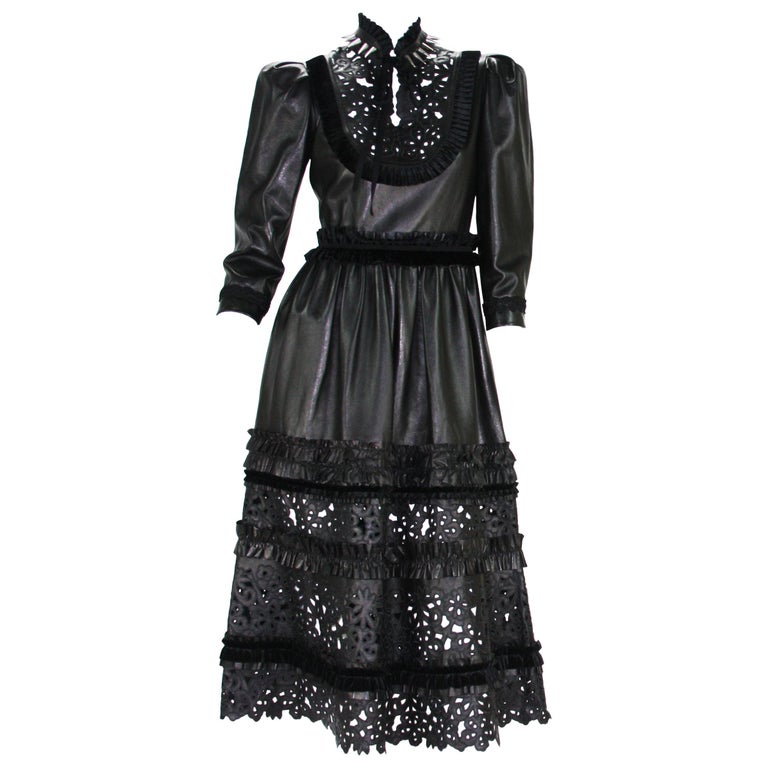New Gucci $14000 Resort 2017 Gothic Black Laser-Cut Lamb Leather Dress It.  40 at 1stDibs | gothic lamb, gucci leather dress, gothic leather dress