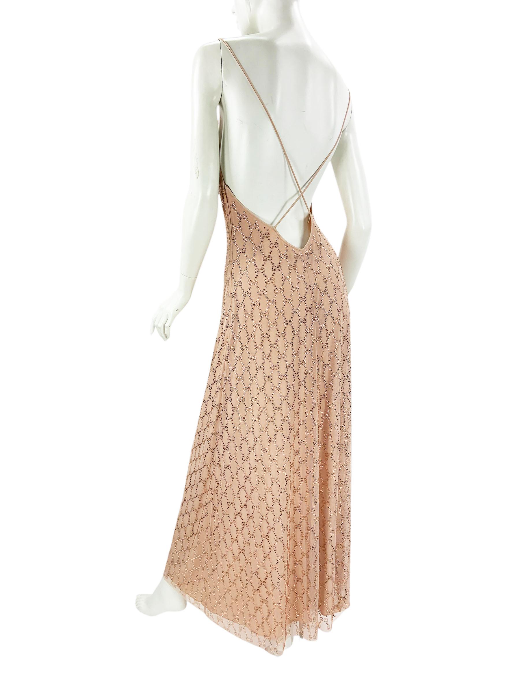 New Gucci 2023 Collection Crystal GG Stretch Nylon Tulle Dusty Pink Dress It. 38 For Sale 1