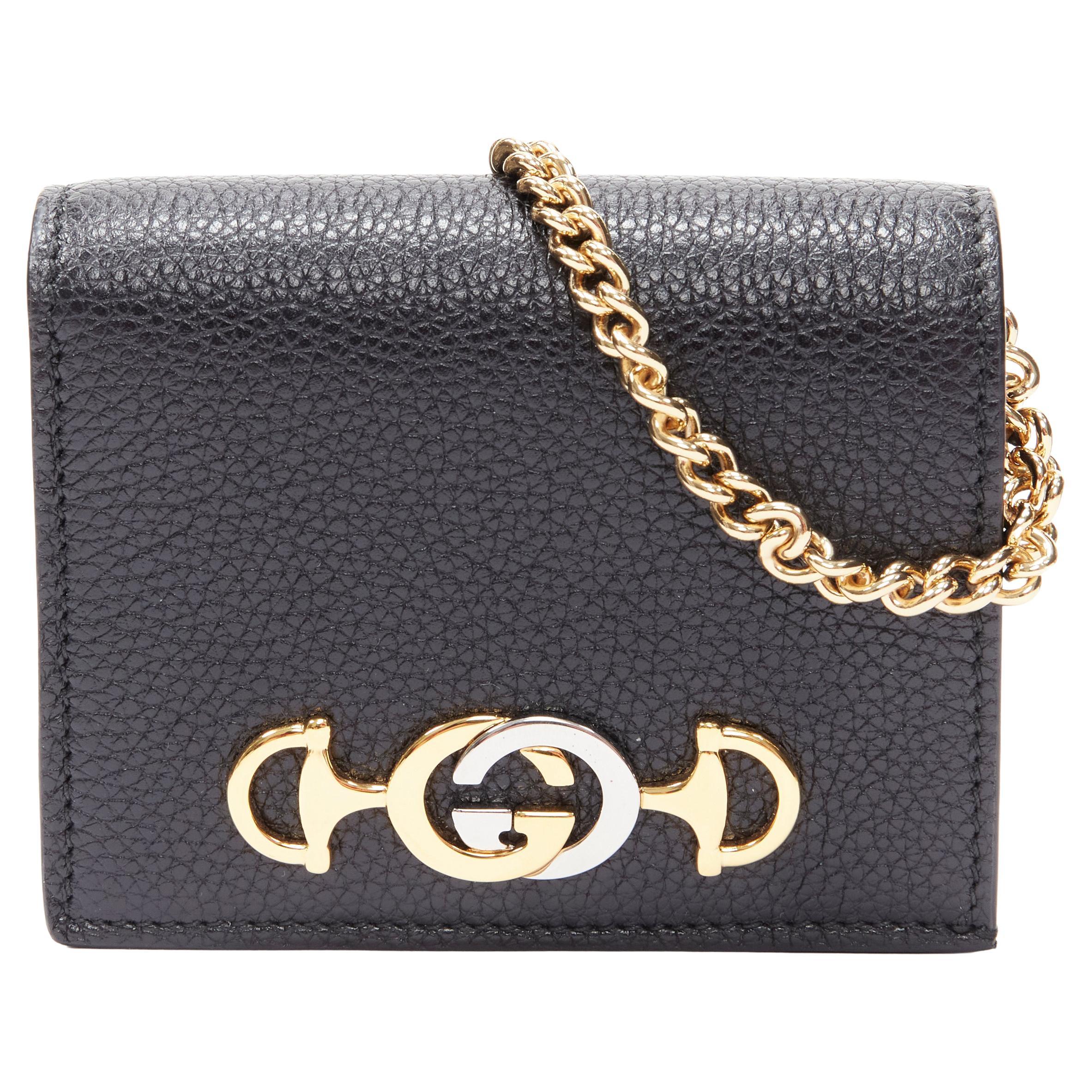 new GUCCI 570660 Zumi black leather GG Horsebit bi-fold wallet on chain nano bag For Sale