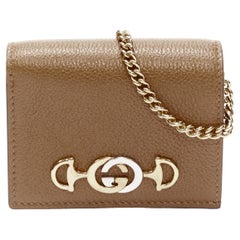 Used new GUCCI 570660 Zumi brown leather GG Horsebit bi-fold wallet on chain nano bag