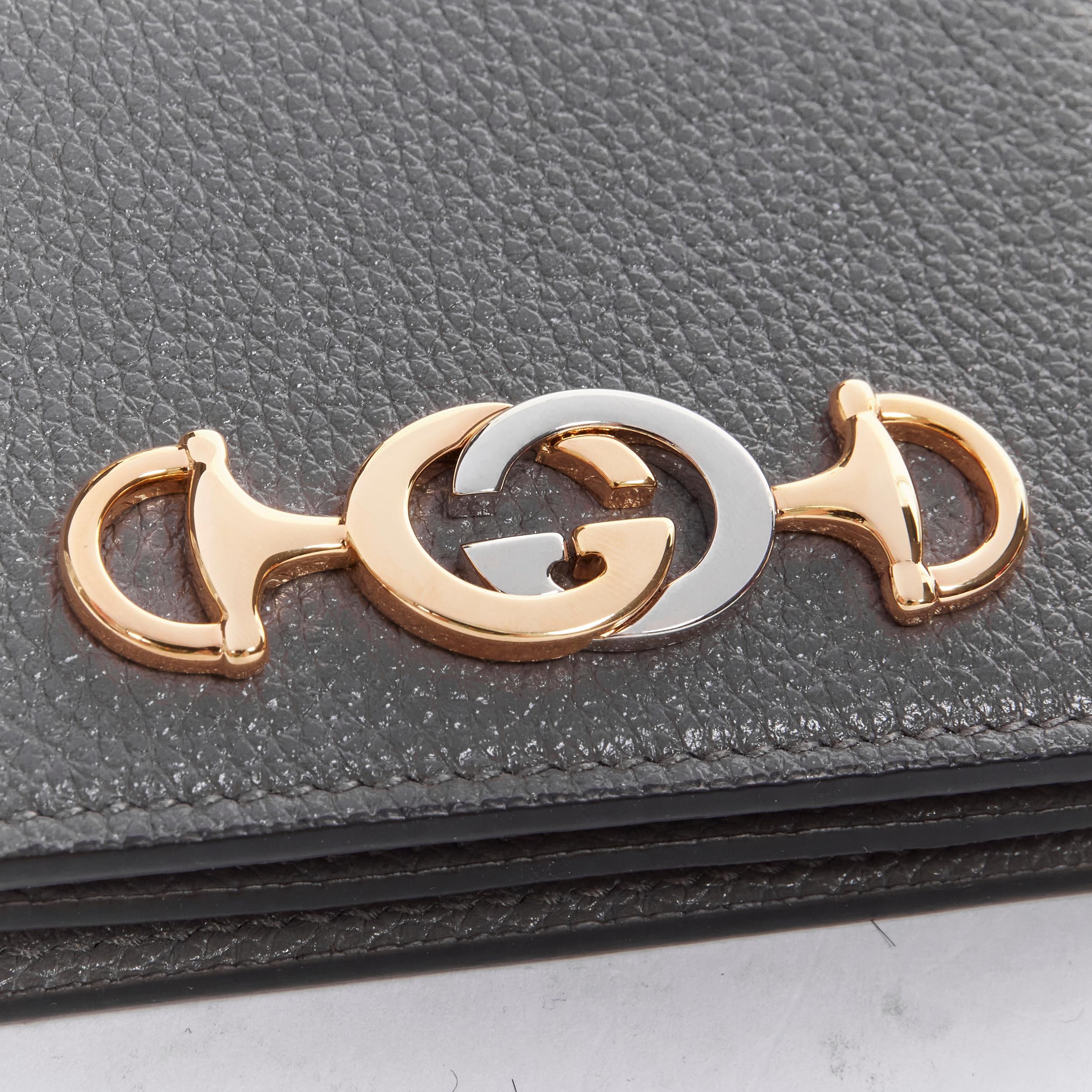 Women's new GUCCI 570660 Zumi grey leather GG Horsebit bi-fold wallet on chain micro bag For Sale