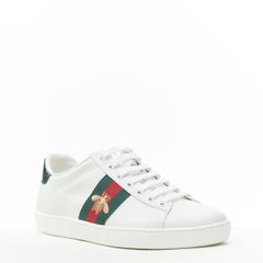 Neuer bestickter niedriger GUCCI Ace Bee White Leder-Sneaker mit Biene in Grün und Rot mit Netzmuster UK6 EU40