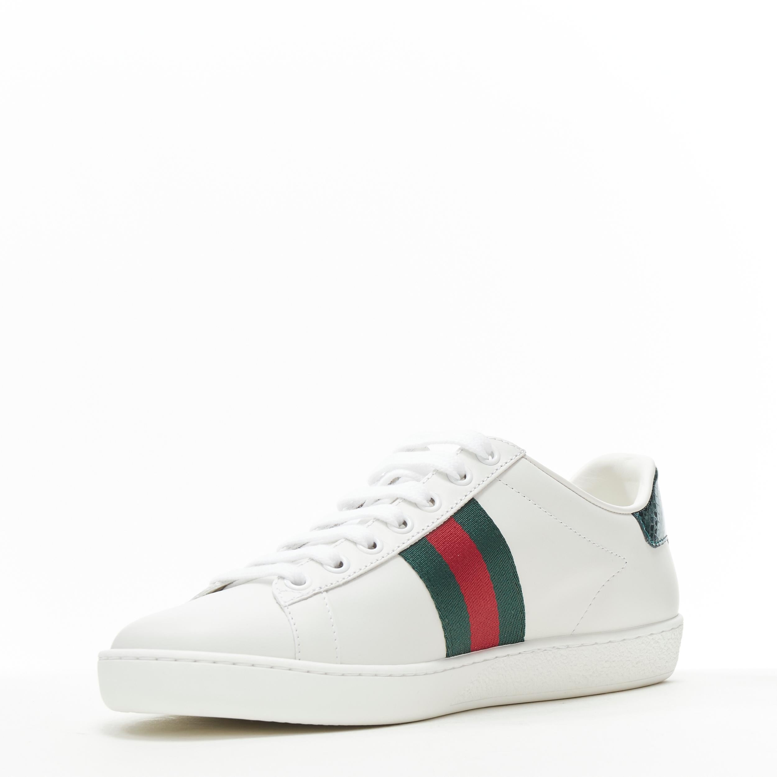 Gray new GUCCI Ace Bee white leather green red web embroidered low sneaker UK6 EU40