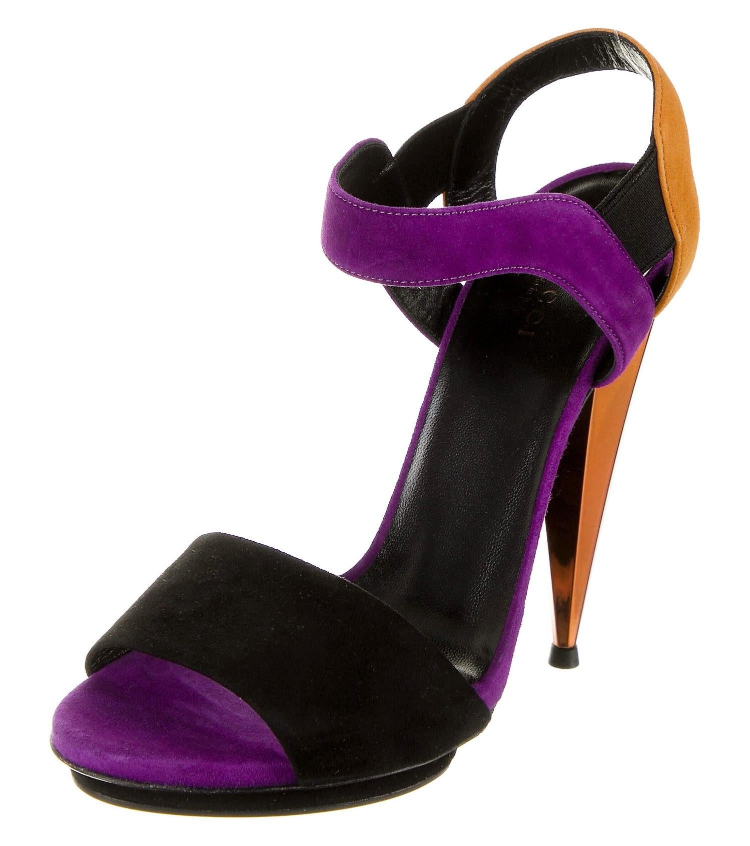 New Gucci Ad Runway 2014 Purple Orange Suede Mirrored Pump Heels Sz 37.5 For Sale 1