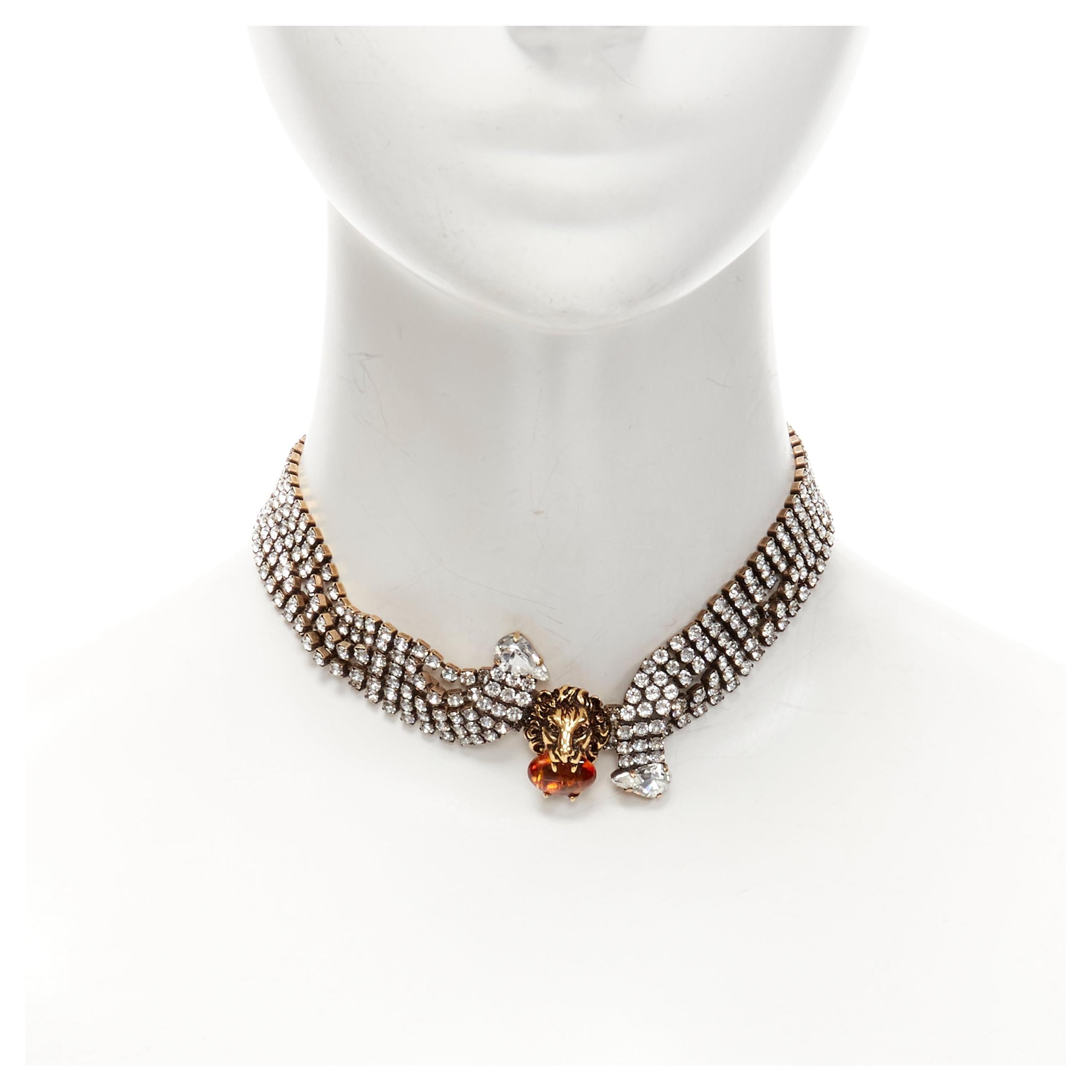 new GUCCI Alessandro Michele antique gold faux amber Tiger head crystal choker