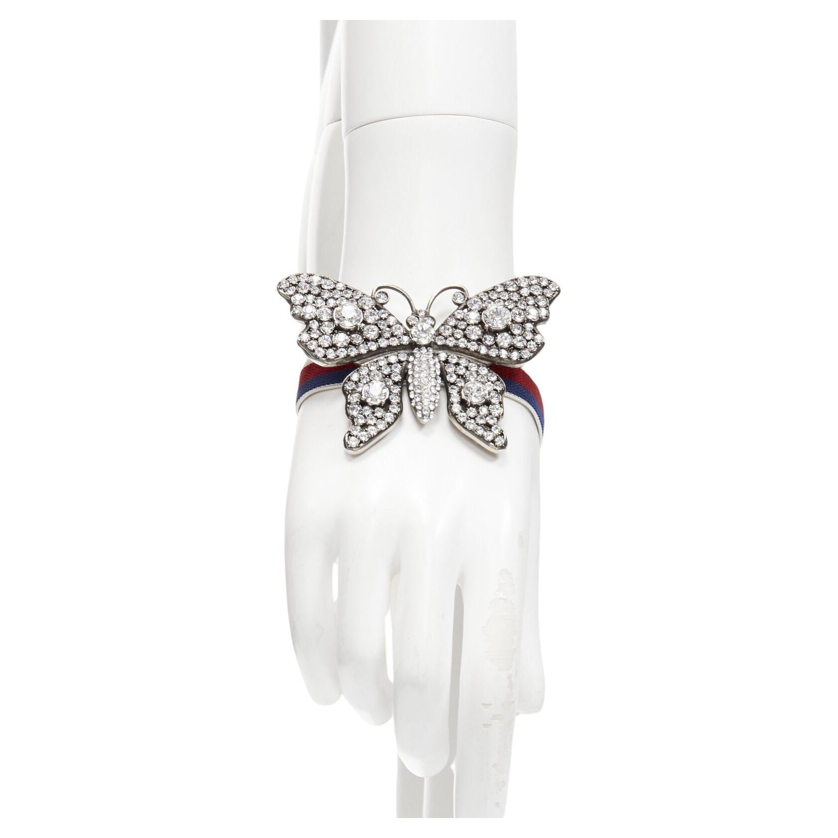 new GUCCI ALESSANDRO MICHELE antique silver crystal Butterfly web strap bracelet For Sale