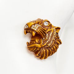 new GUCCI Alessandro Michele brown wood crystal embellished Tiger pin brooch