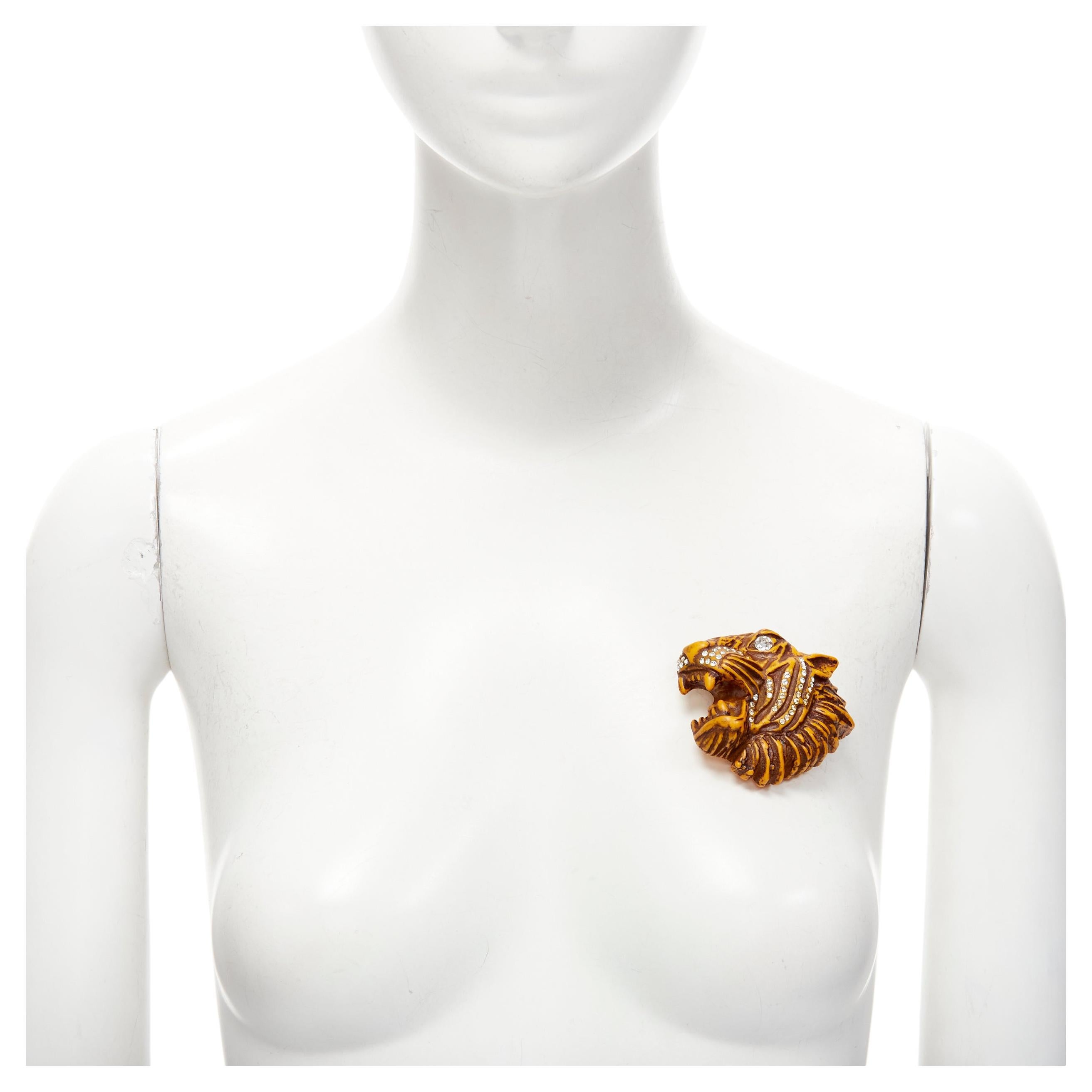 new GUCCI Alessandro Michele brown wood crystal embellished Tiger pin brooch For Sale