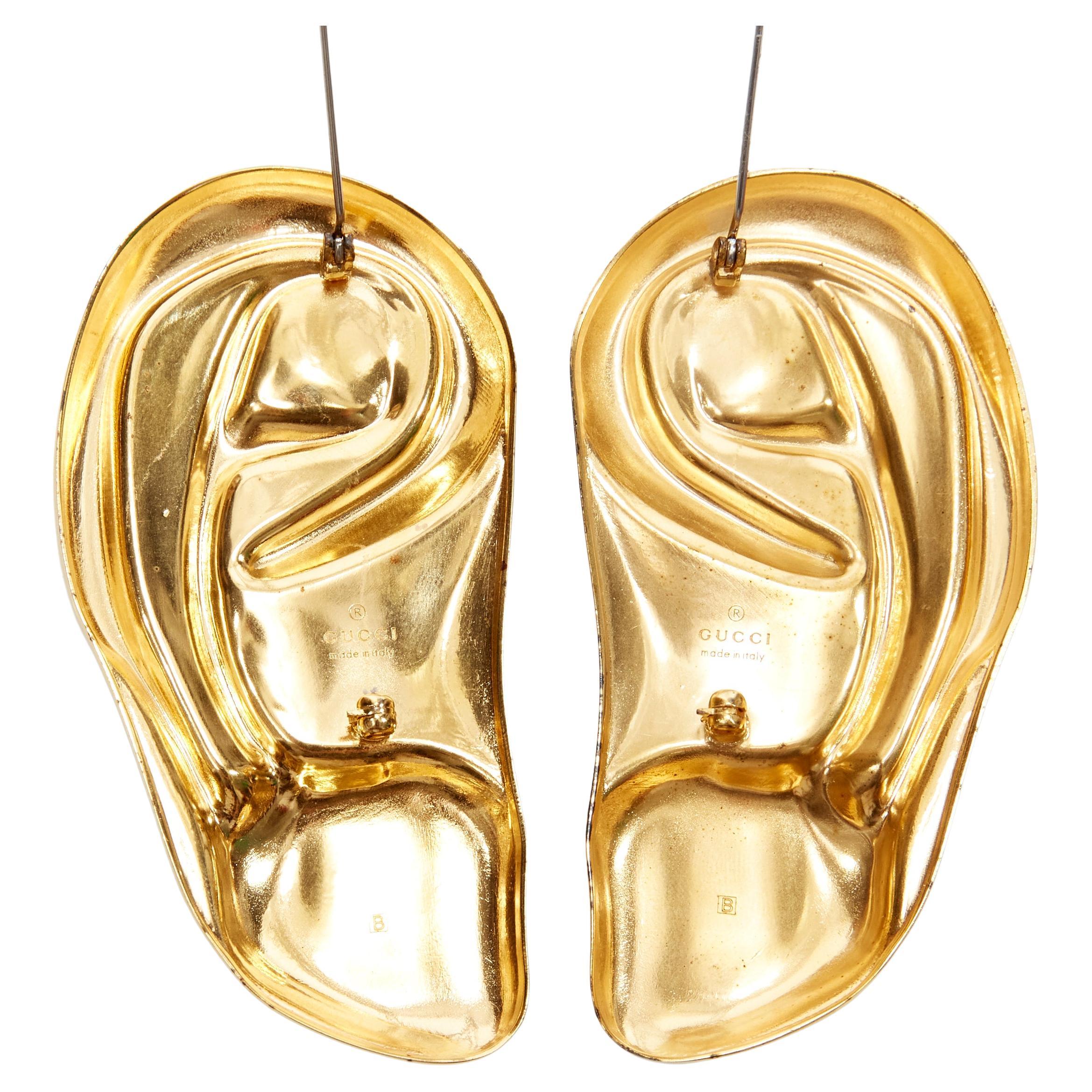 new GUCCI Alessandro Michele Runway gold metal Surrealist ear pin brooch pair For Sale