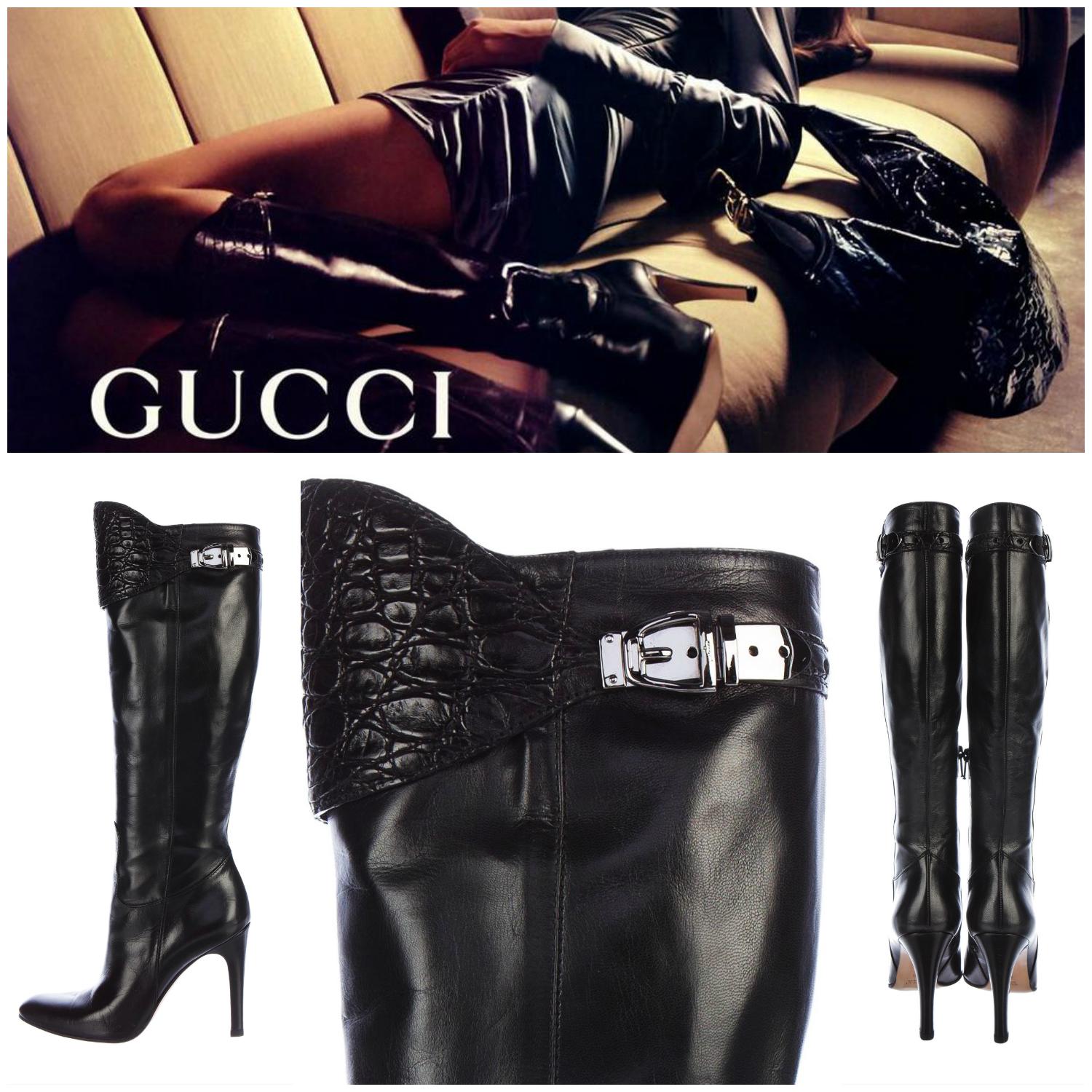 Brandneu
Die Stiefel, die jedes Model bei der Herbst/Winter 2005 Laufstegshow trug
* Gucci
* U.S. Größe: 8.5
* Schwarzes Leder
* Alligator-Oberteile
* Silberne Gucci-Schnalle
* 3,75