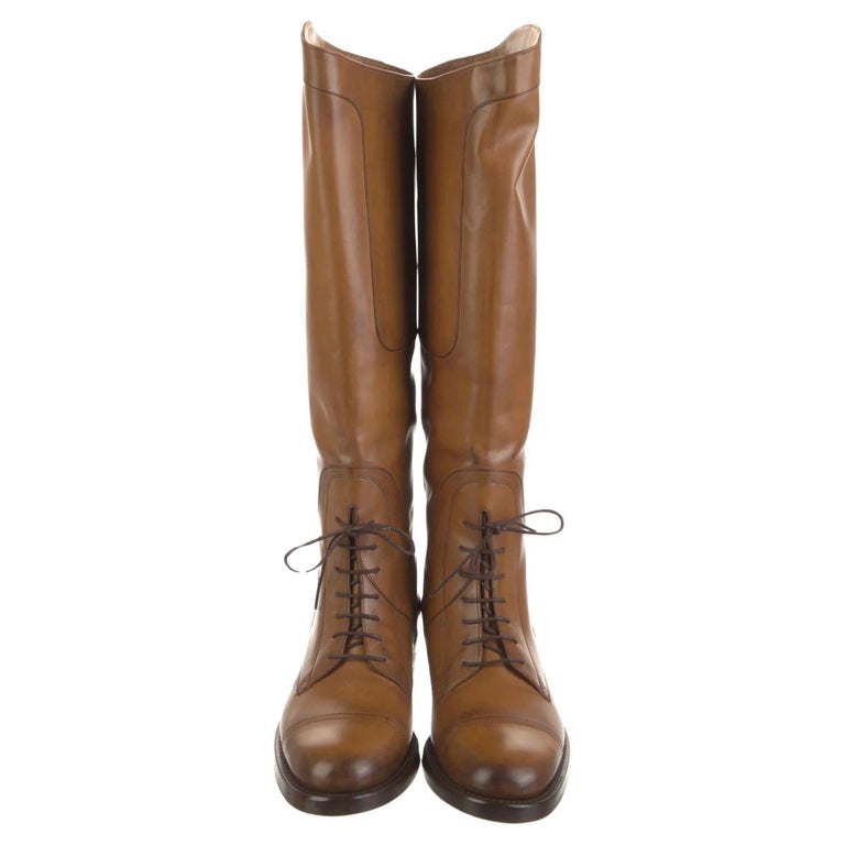 NEW Gucci Brown Leather Lace Up Riding Equestrian Boots 37.5  display picture 1