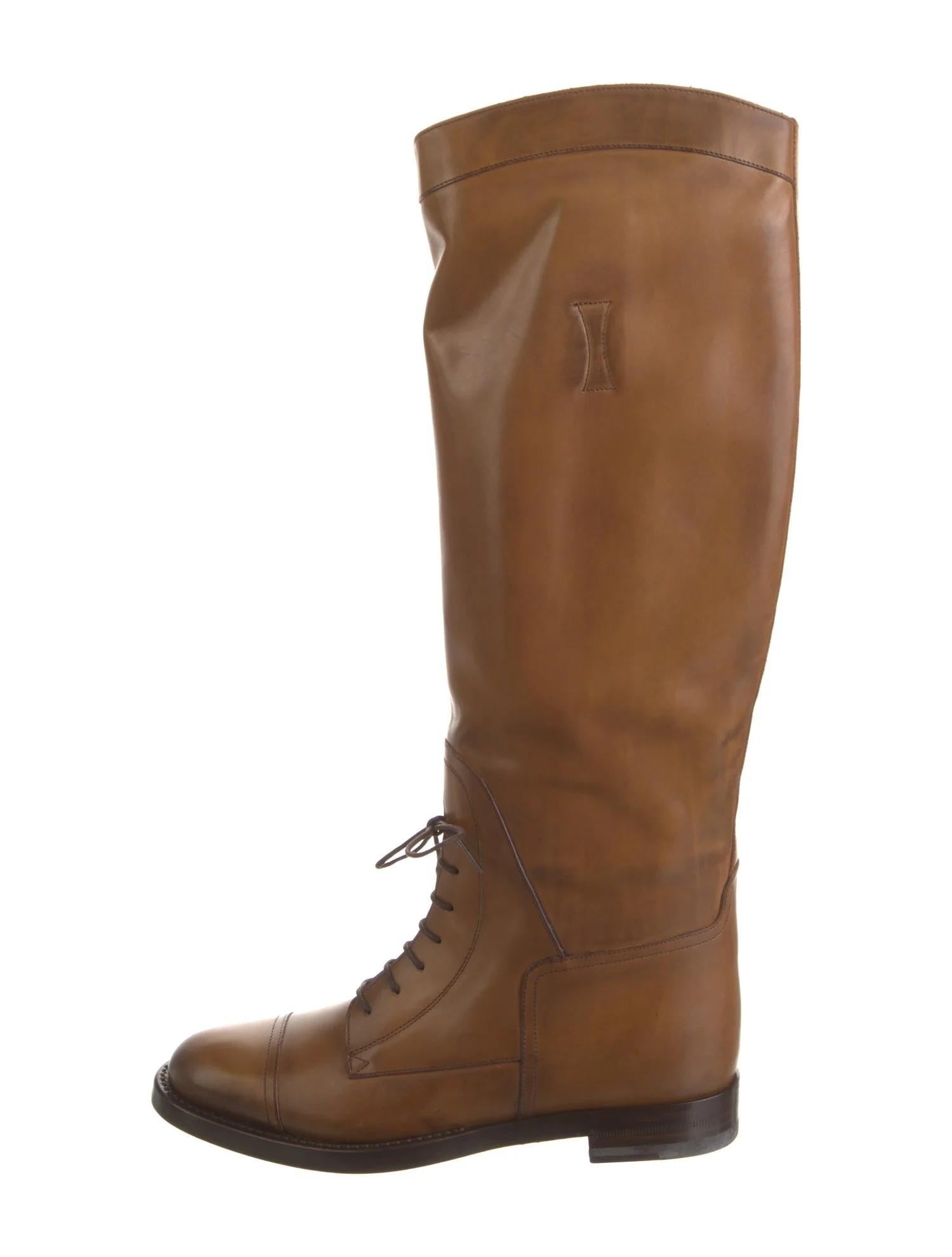 NUEVO Gucci Botas polo ecuestres con cordones de cuero marrón antiguo 37.5 Marrón