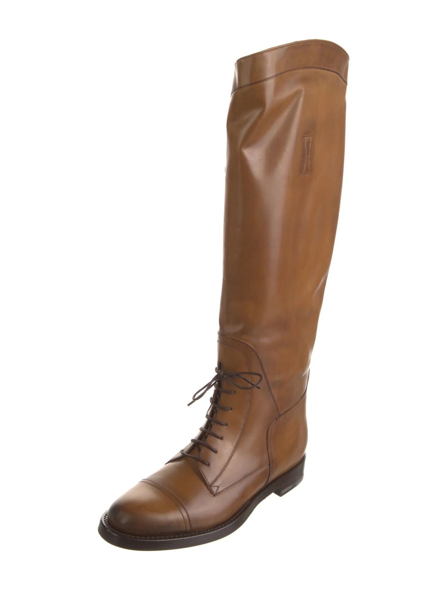 De las mujeres NUEVO Gucci Botas polo ecuestres con cordones de cuero marrón antiguo 37.5
