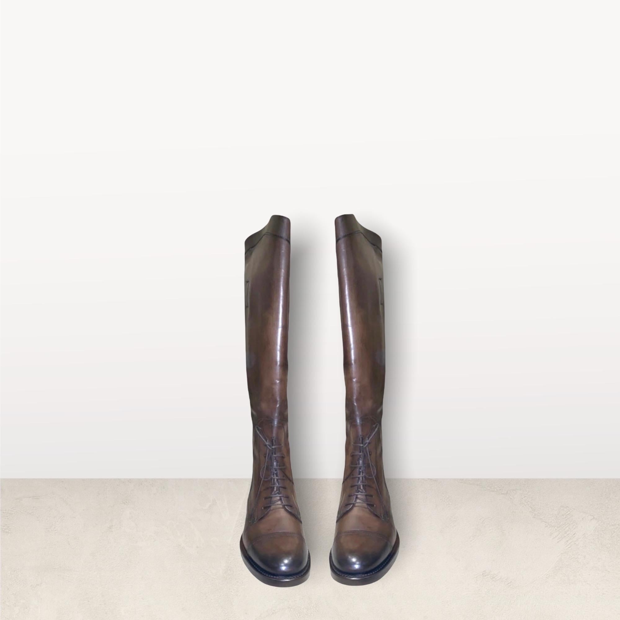 NUEVO Gucci Botas de cuero marrón antiguo con cordones estilo polo ecuestre 37.5 1