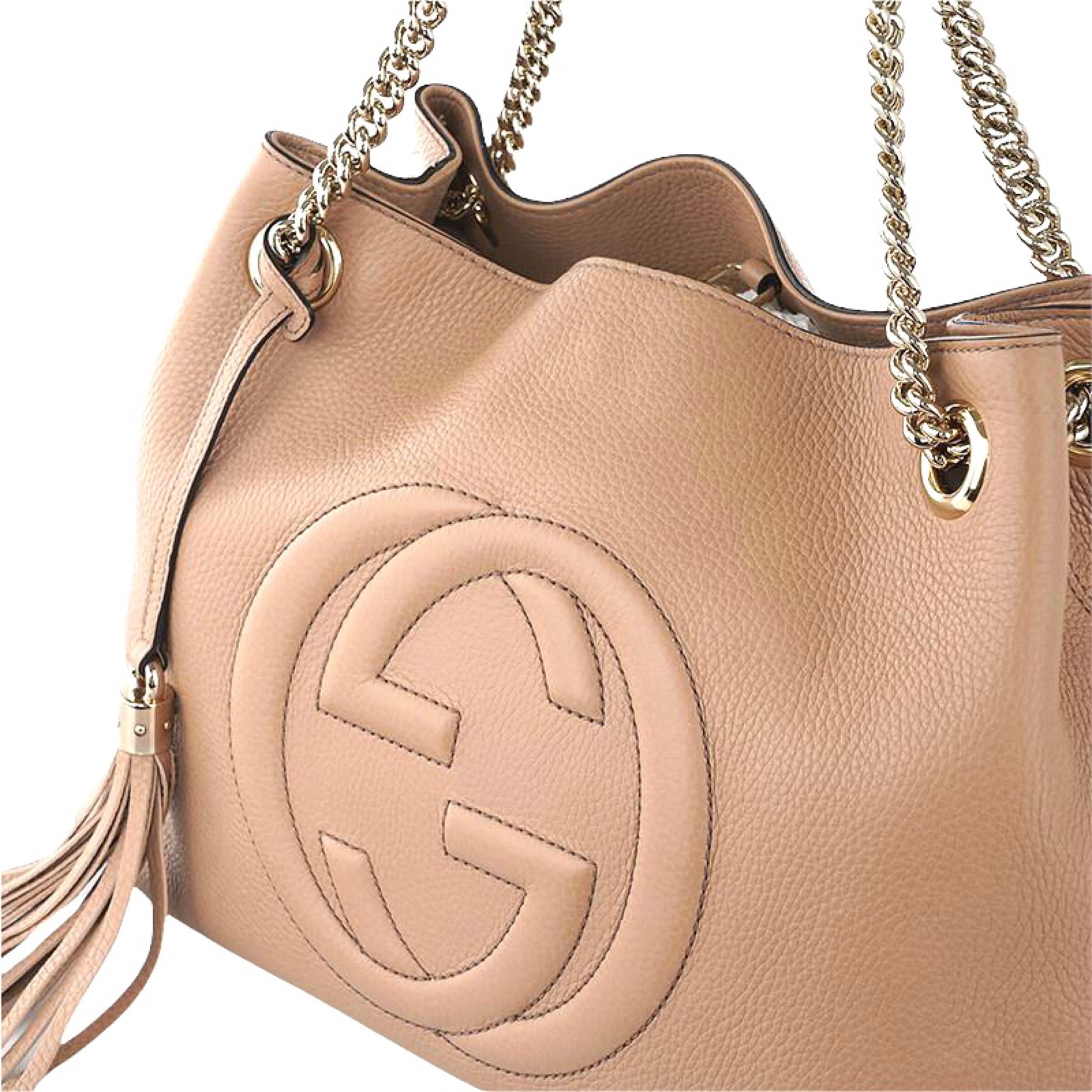 NEW Gucci Beige Pebbled Leather Medium Soho Chain Tote Shoulder Bag For Sale 7
