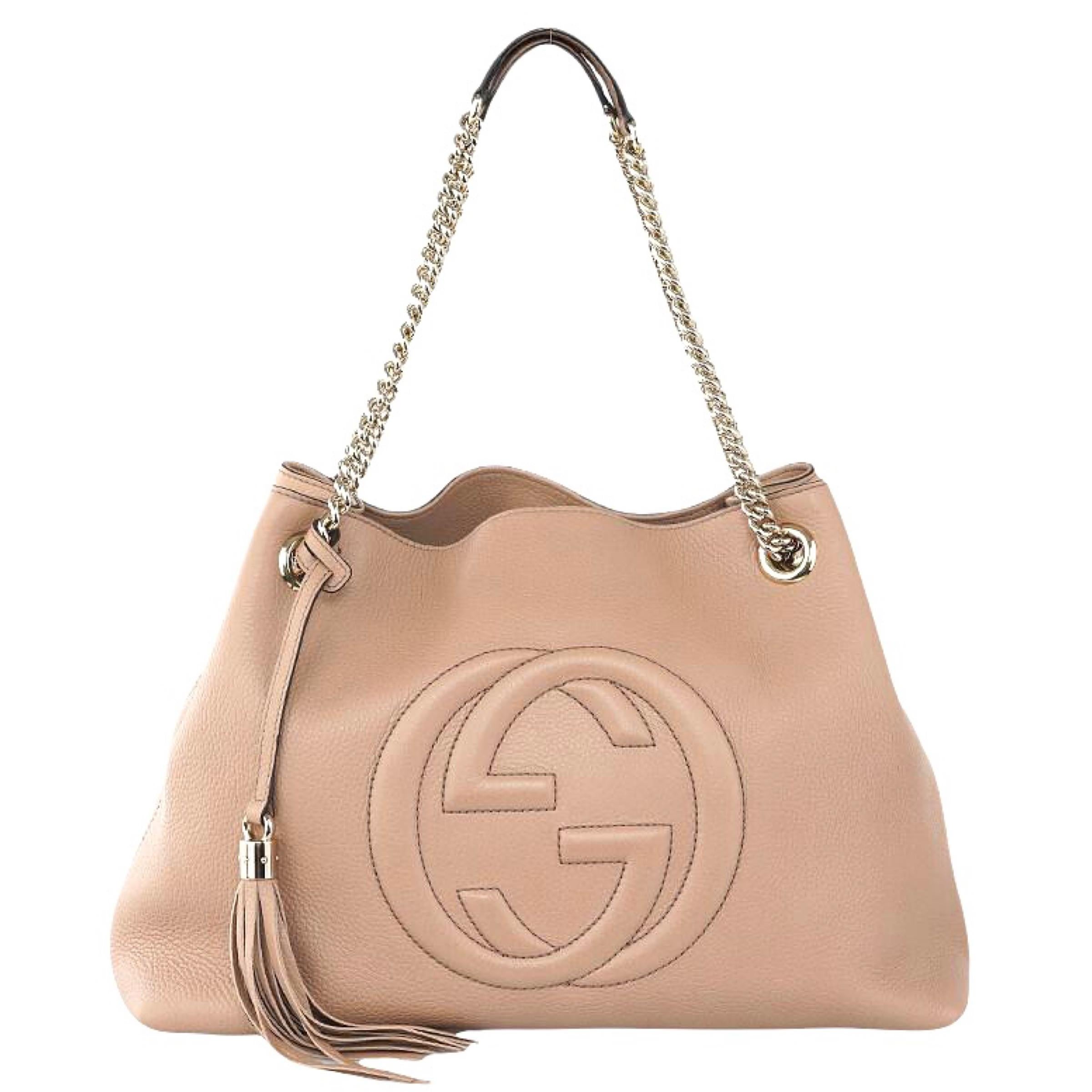 Women's NEW Gucci Beige Pebbled Leather Medium Soho Chain Tote Shoulder Bag For Sale