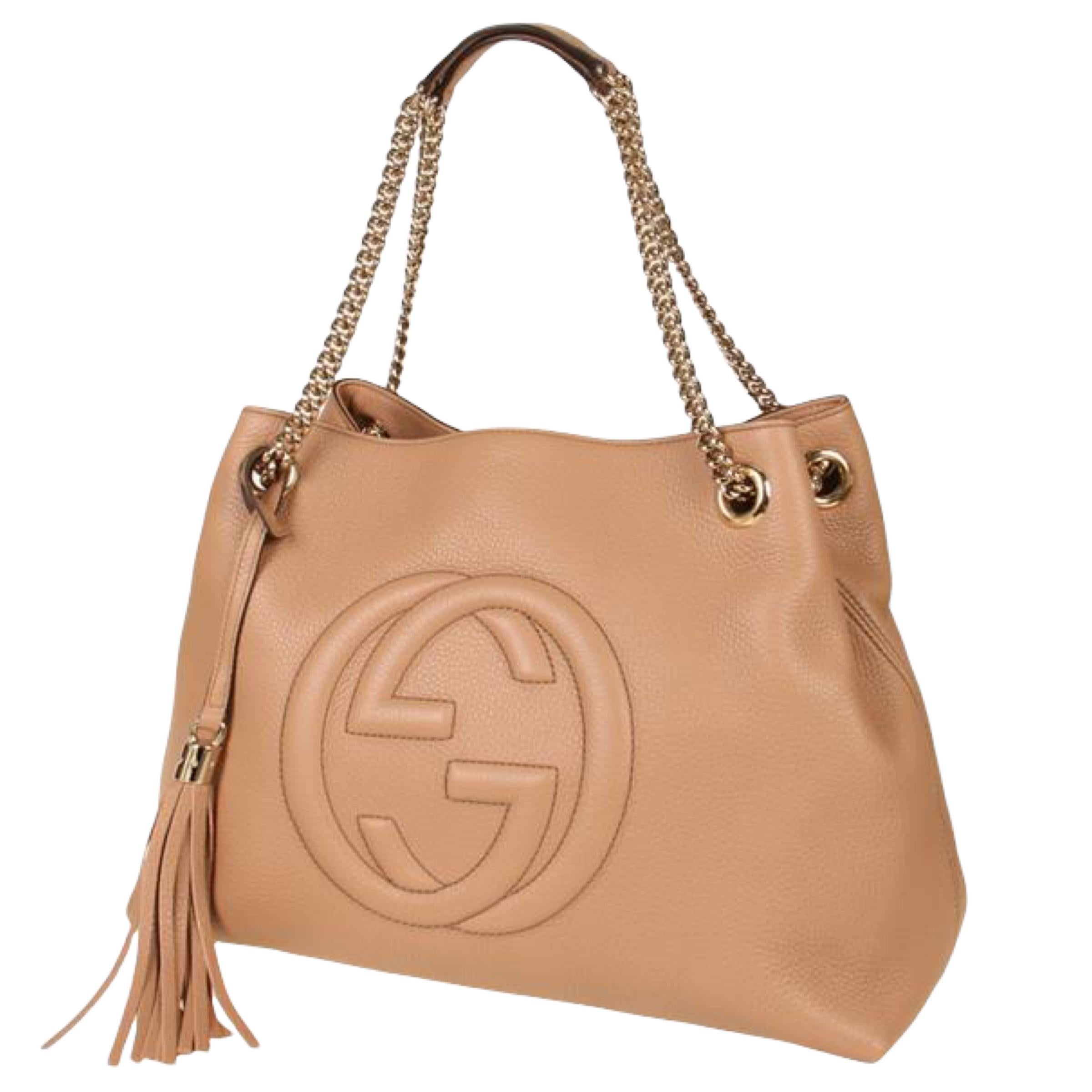 NEW Gucci Beige Pebbled Leather Medium Soho Chain Tote Shoulder Bag For Sale 1