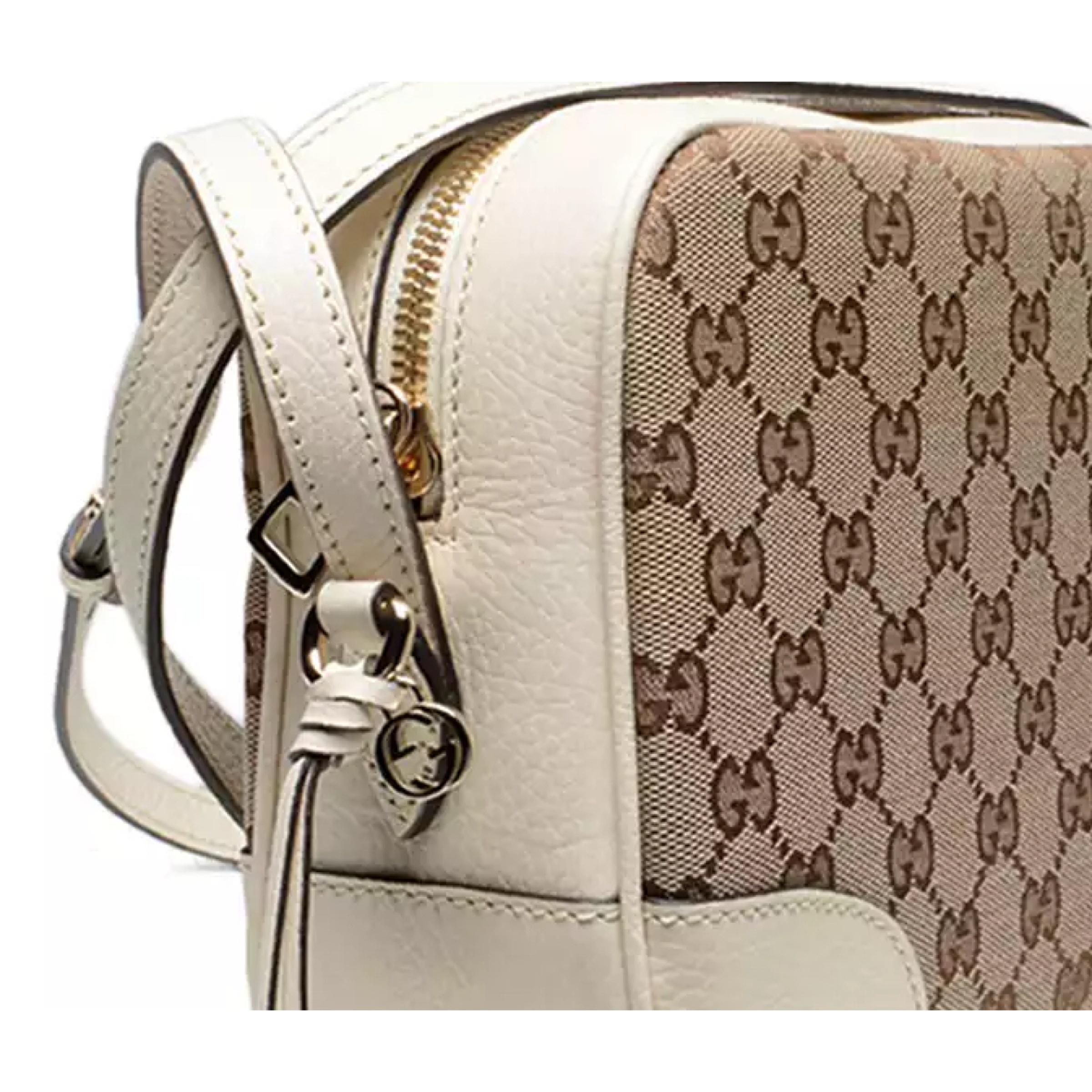 NEW Gucci Beige White Canvas Leather GG Guccissima Bree Crossbody Camera Bag For Sale 1
