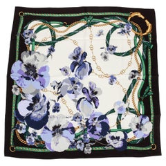 New Gucci Black Blue Floral Silk Scarf