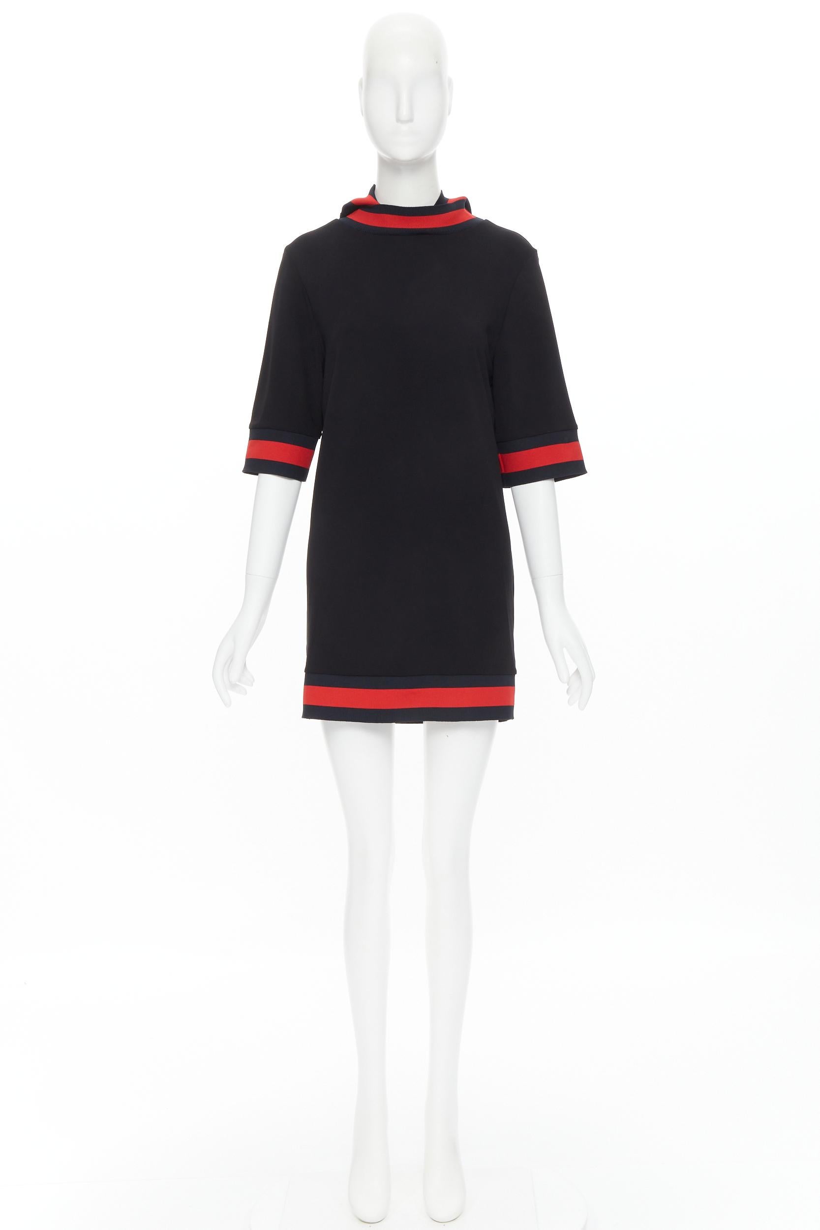 new GUCCI black blue red signature web trim hooded casual dress XS For Sale 3