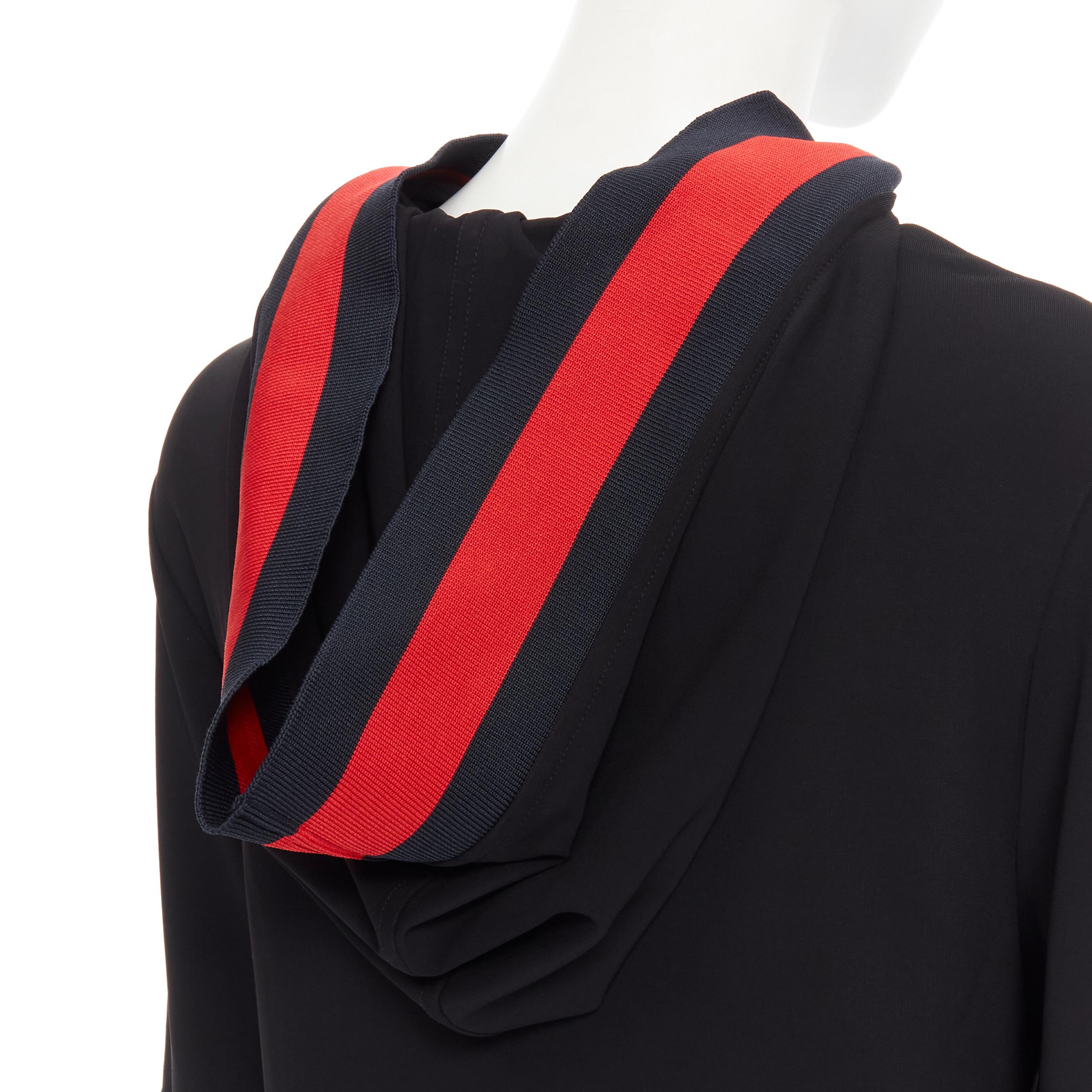 new GUCCI black blue red signature web trim hooded casual dress XS 
Reference: TGAS/B01632 
Brand: Gucci 
Designer: Alessandro Michele 
Material: Polyester 
Color: Black 
Pattern: Solid 
Extra Detail: Signature web trimming on sleeves and hem.