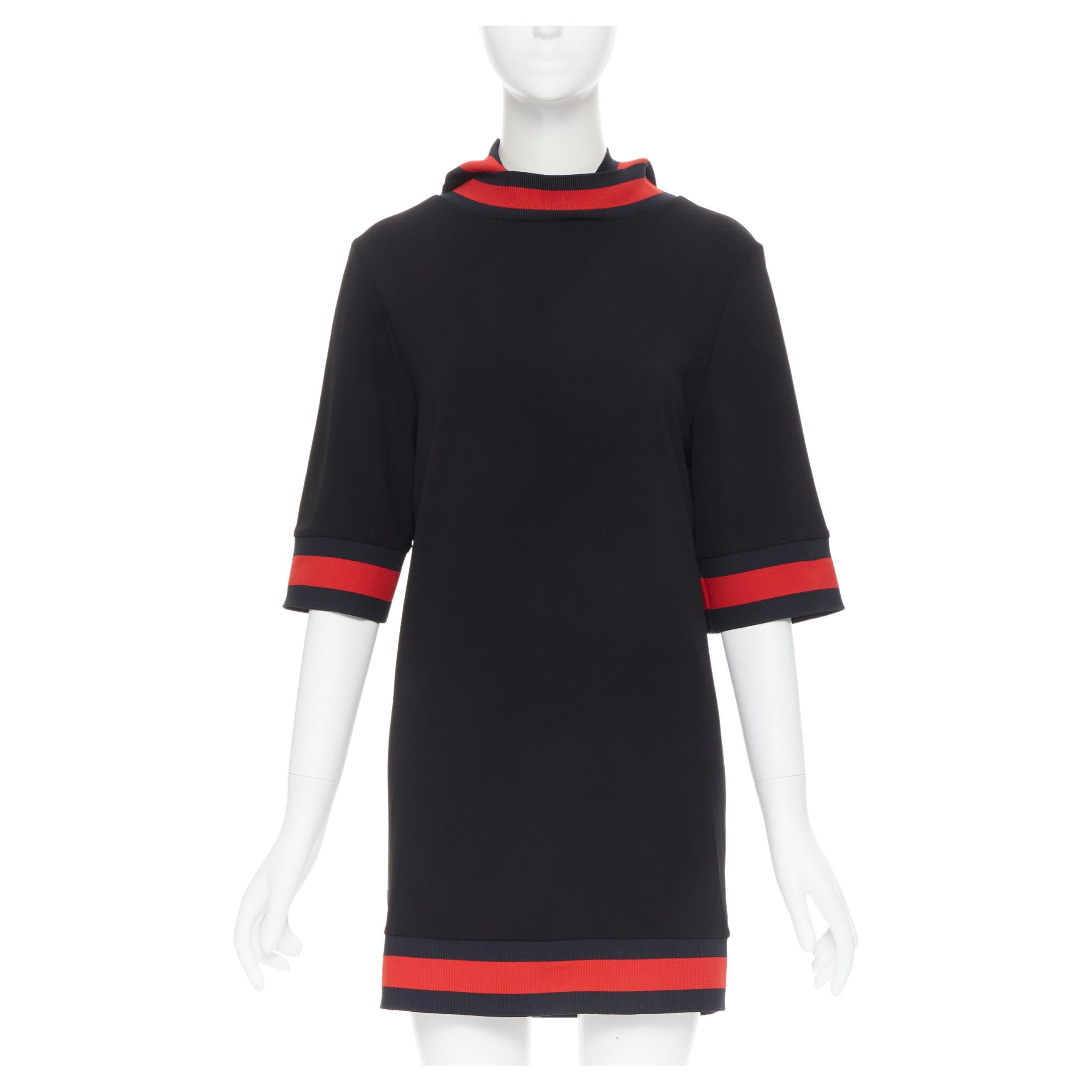 new GUCCI black blue red signature web trim hooded casual dress XS For Sale