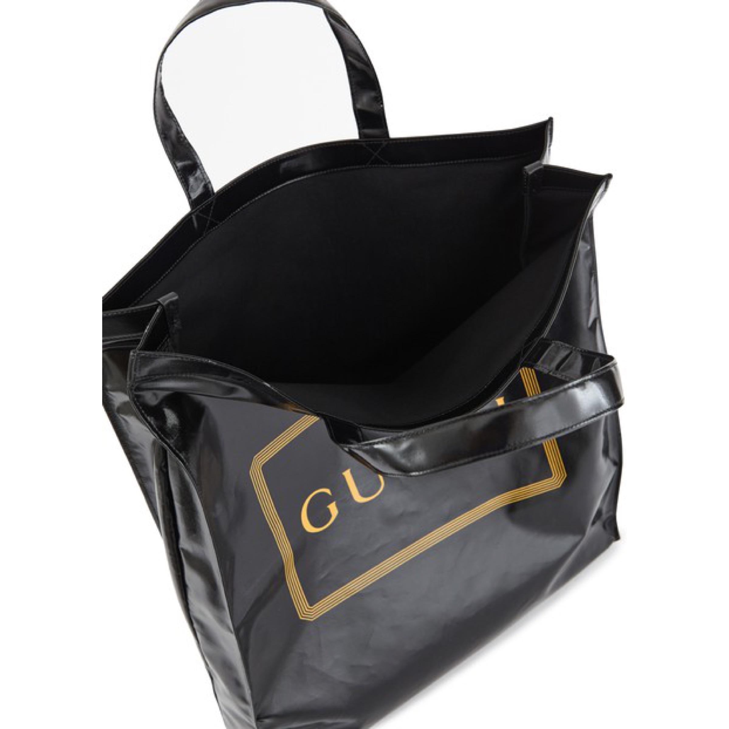 NEU Gucci Tote Bag aus beschichtetem Stoff mit schwarz-goldenem Logodruck im Angebot 4