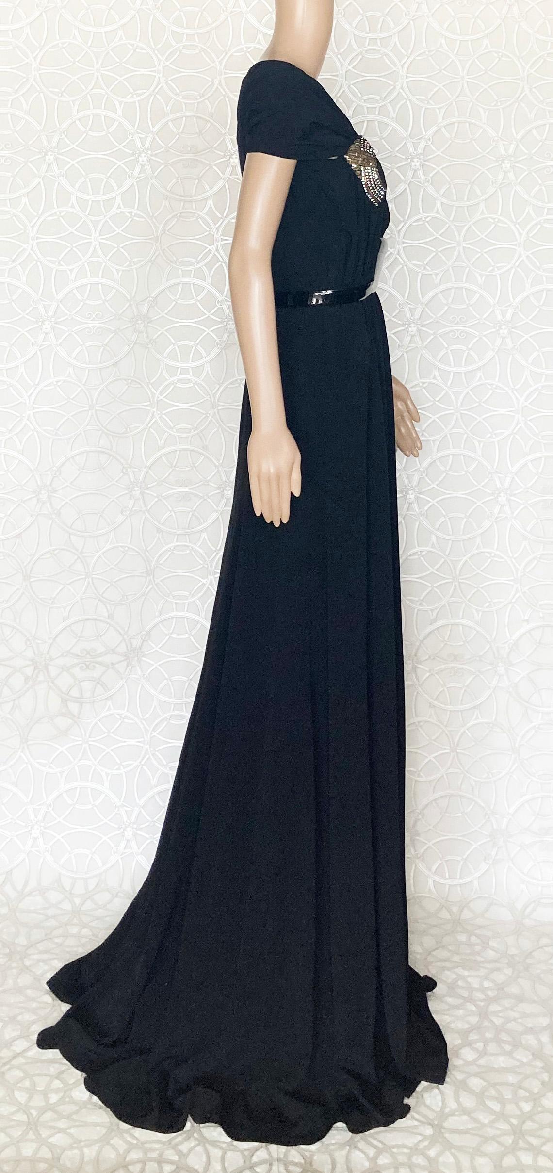 Black New GUCCI BLACK LONG BELTED DRESS GOWN WITH CRYSTAL EMBROIDERY 42 - 8