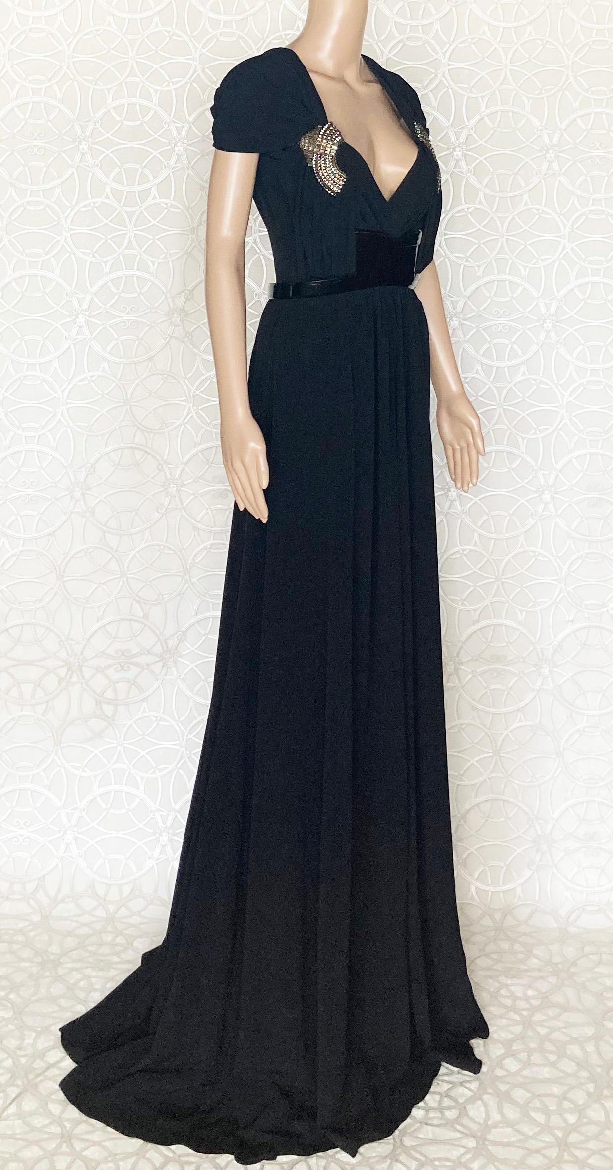 New GUCCI BLACK LONG BELTED DRESS GOWN WITH CRYSTAL EMBROIDERY 42 - 8 In New Condition In Montgomery, TX