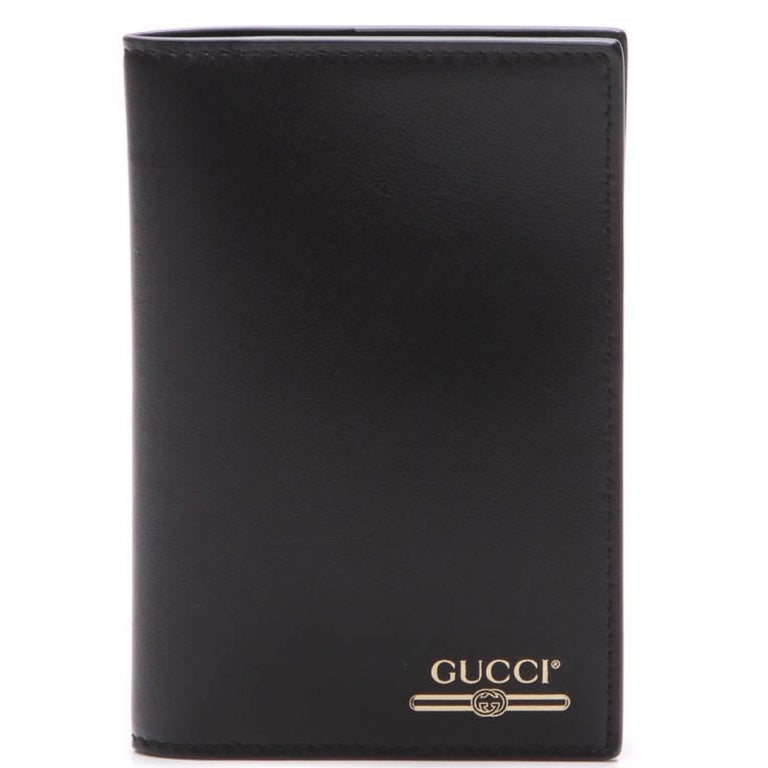 NEW Gucci Black Printed Logo Leather Passport Case Wallet For Sale at