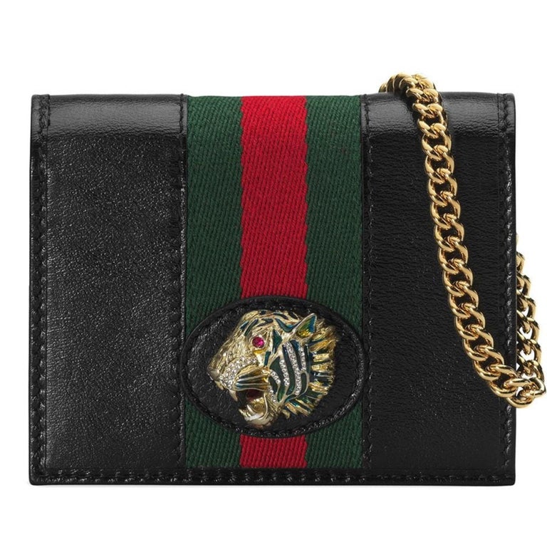 NEW NEU Gucci Schwarze Rajah Web Stripes Tigerkopf Plakette Leder  Brieftasche an Kette im Angebot bei 1stDibs