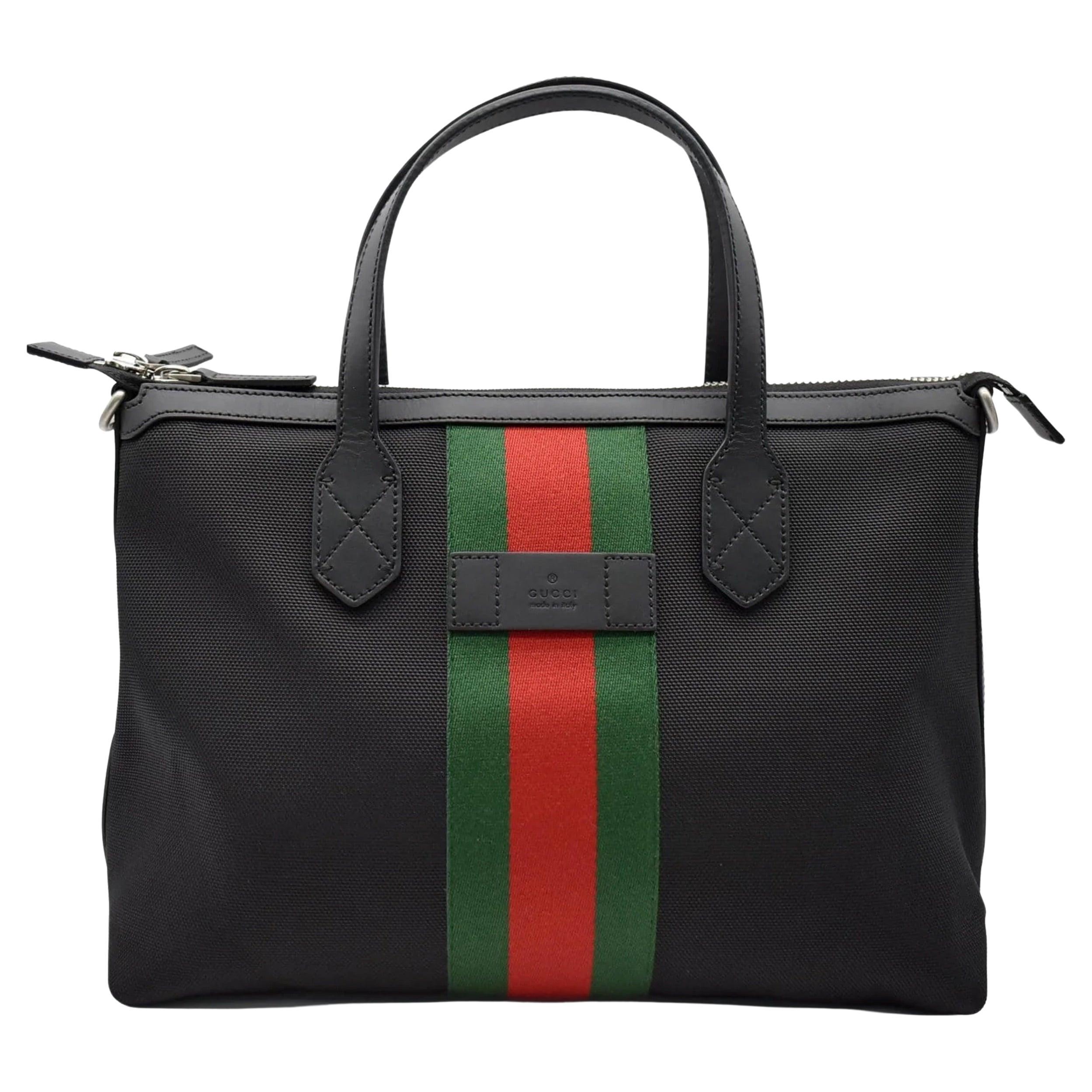 V3KGZ Gucci Linea Striped Bee Top Handle Bag, Black/White