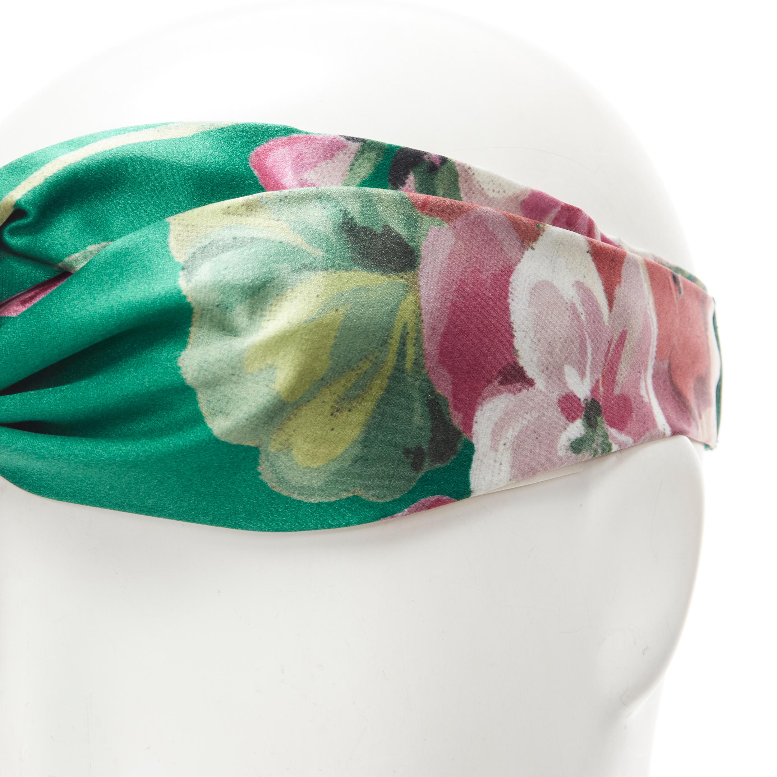 Women's new GUCCI Blooms 100% silk green pink blossom print silk knit turban head scarf