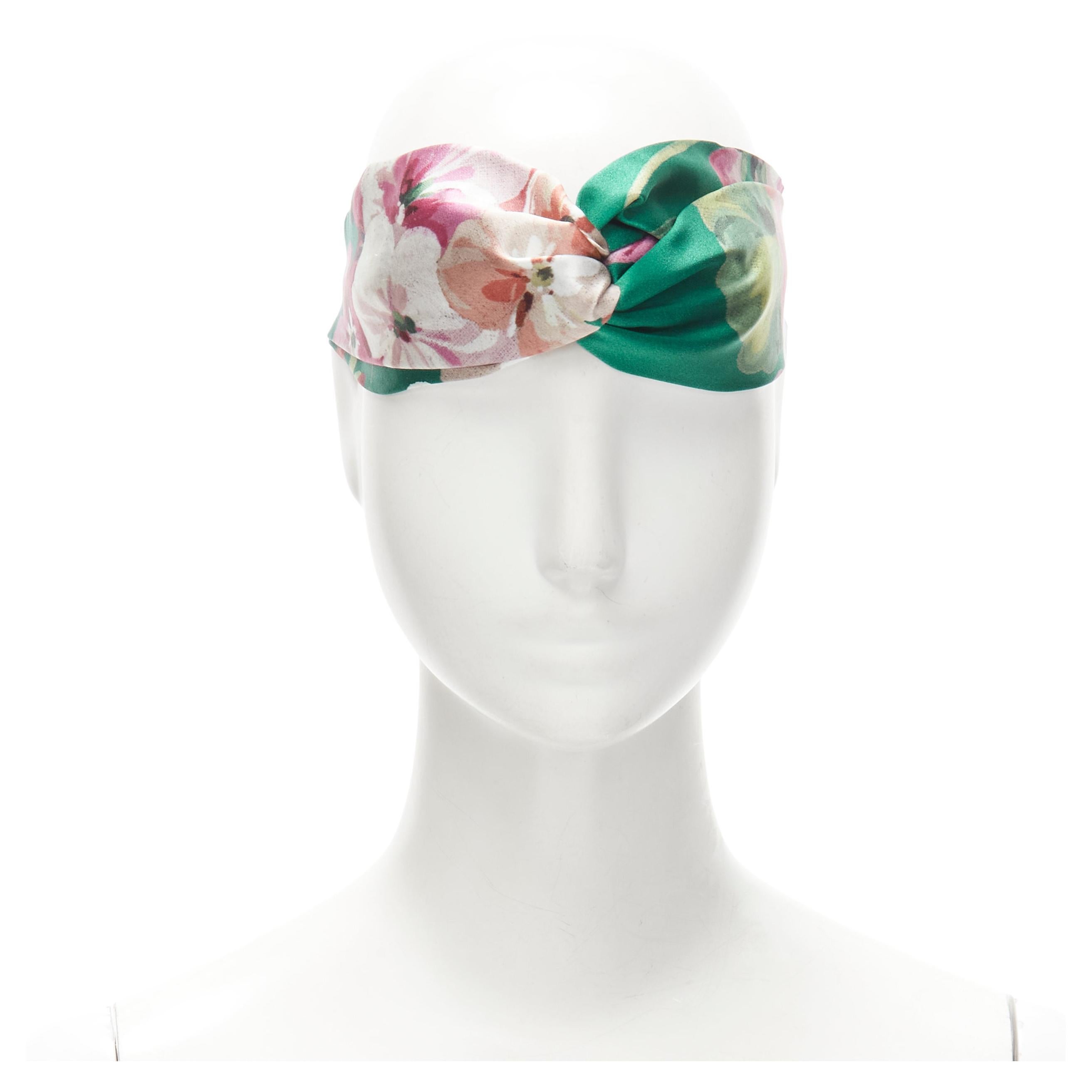 new GUCCI Blooms 100% silk green pink blossom print silk knit turban head scarf