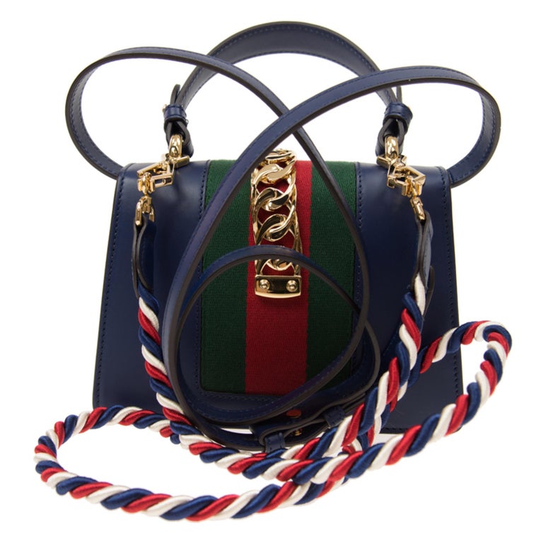 NEW Gucci Blue Sylvie Top Handle Leather Crossbody Shoulder Bag For