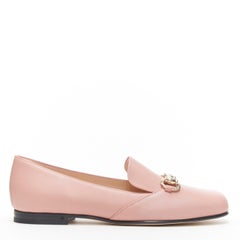 new GUCCI blush pink leather gold horsebit round toe flat loafer shoes EU36