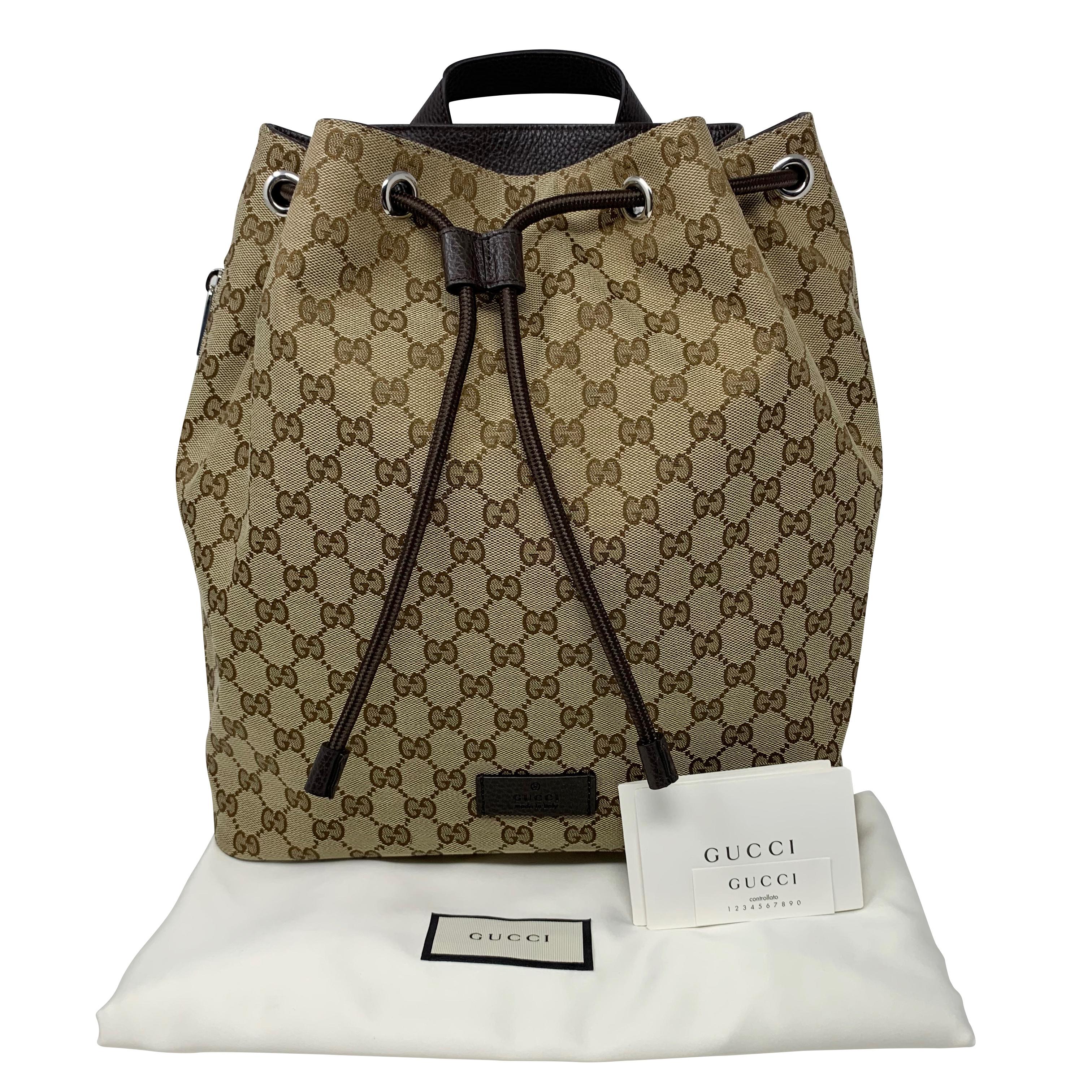 NEW Gucci Brown/Beige GG Guccissima Drawstring Canvas Backpack Rucksack For Sale 10