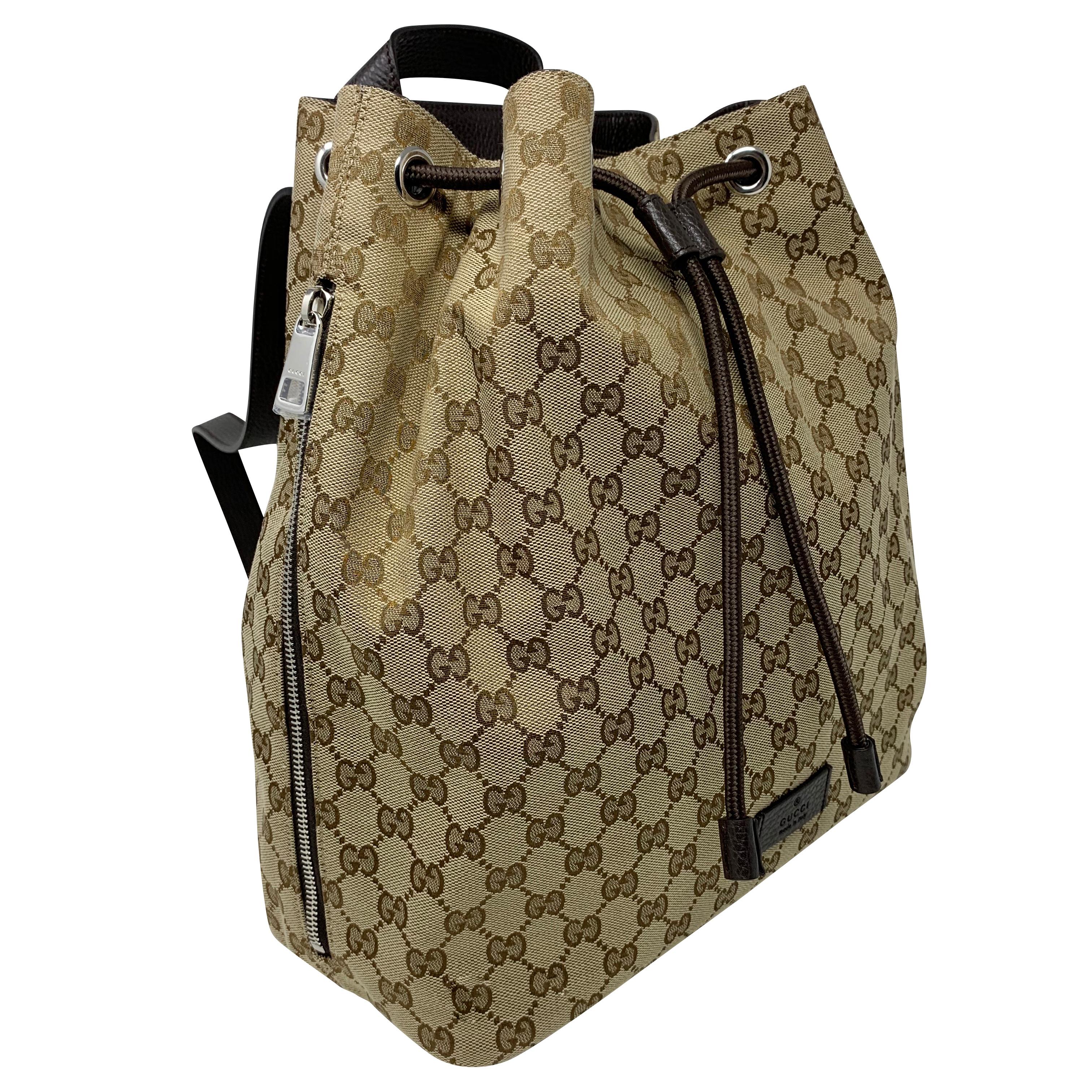 Women's or Men's NEW Gucci Brown/Beige GG Guccissima Drawstring Canvas Backpack Rucksack For Sale