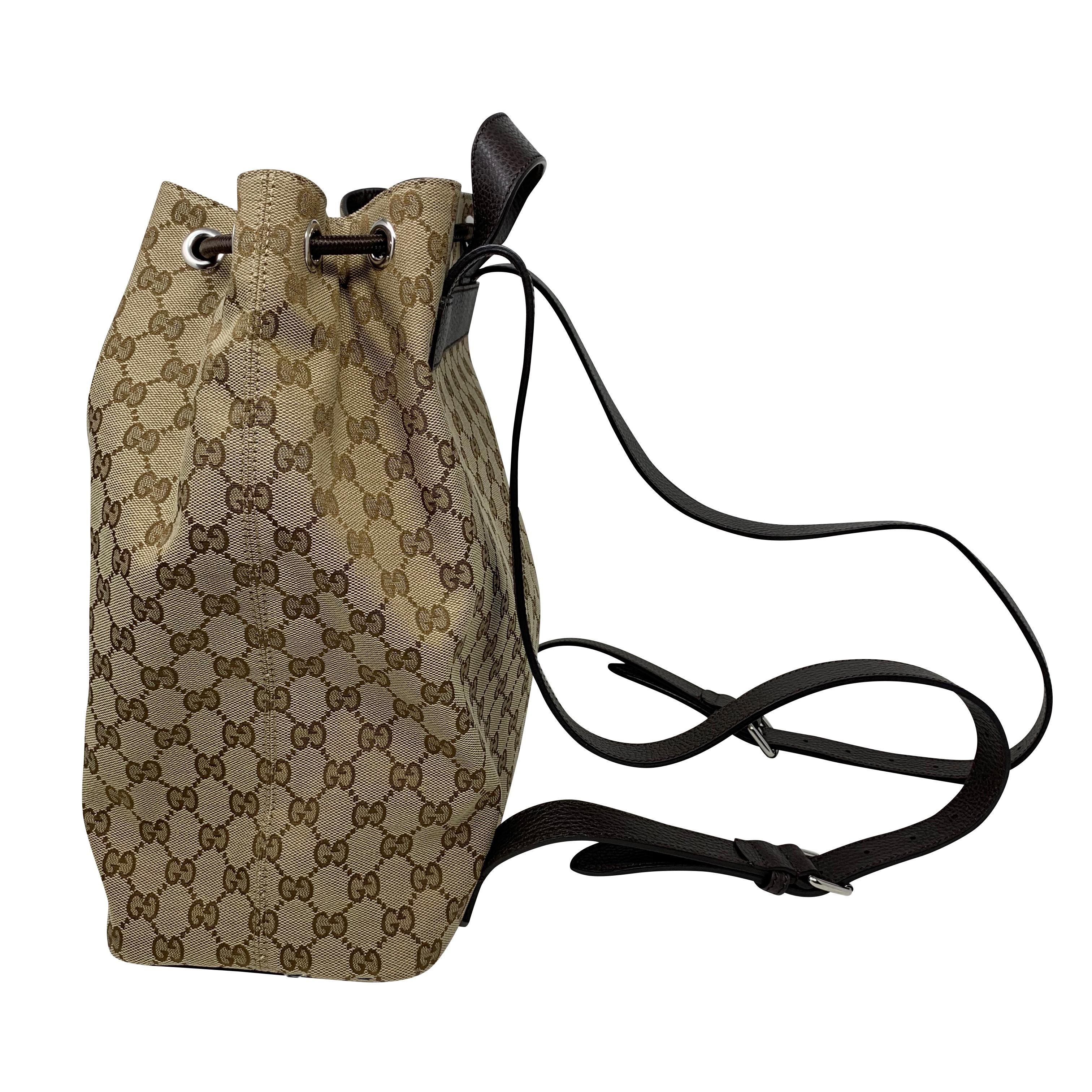 NEW Gucci Brown/Beige GG Guccissima Drawstring Canvas Backpack Rucksack For Sale 1